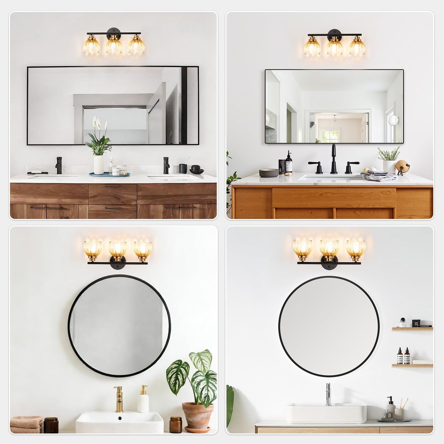 TALOYA Bathroom Vanity Light Fixtures, 3-Light Modern Black and Gold Wall Lights Over Mirror with Gradient Amber Tulip Glass Shades Bathroom Wall Lamp for Mirror, Living Room,Hallway, Farmhouse