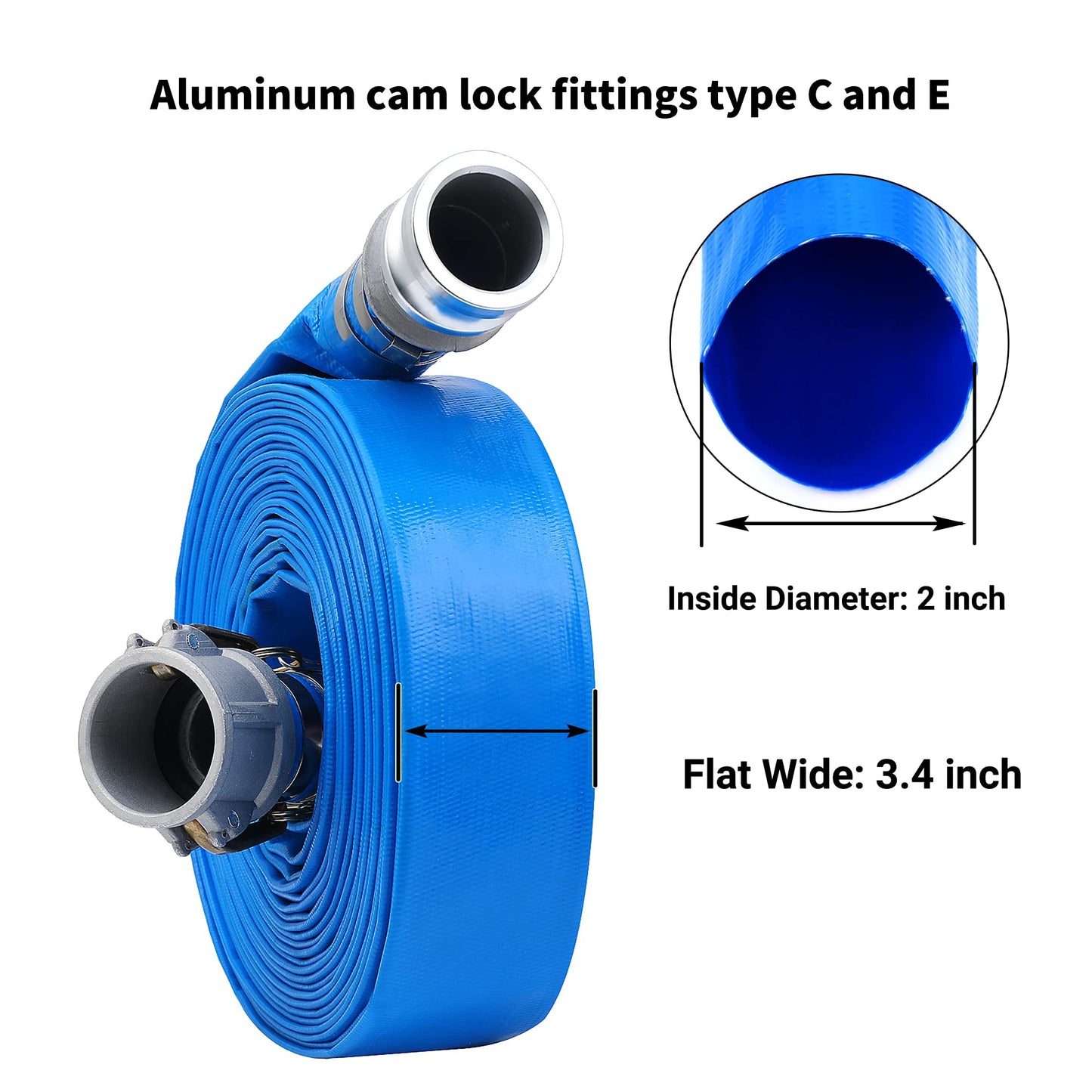 2" x 50ft PVC Lay Flat Discharge Hose With Aluminum Camlock C & E Fittings, Cam Lock Fitting Type A included, Heavy Duty Reinforced Pump Backwash Hose Assembly