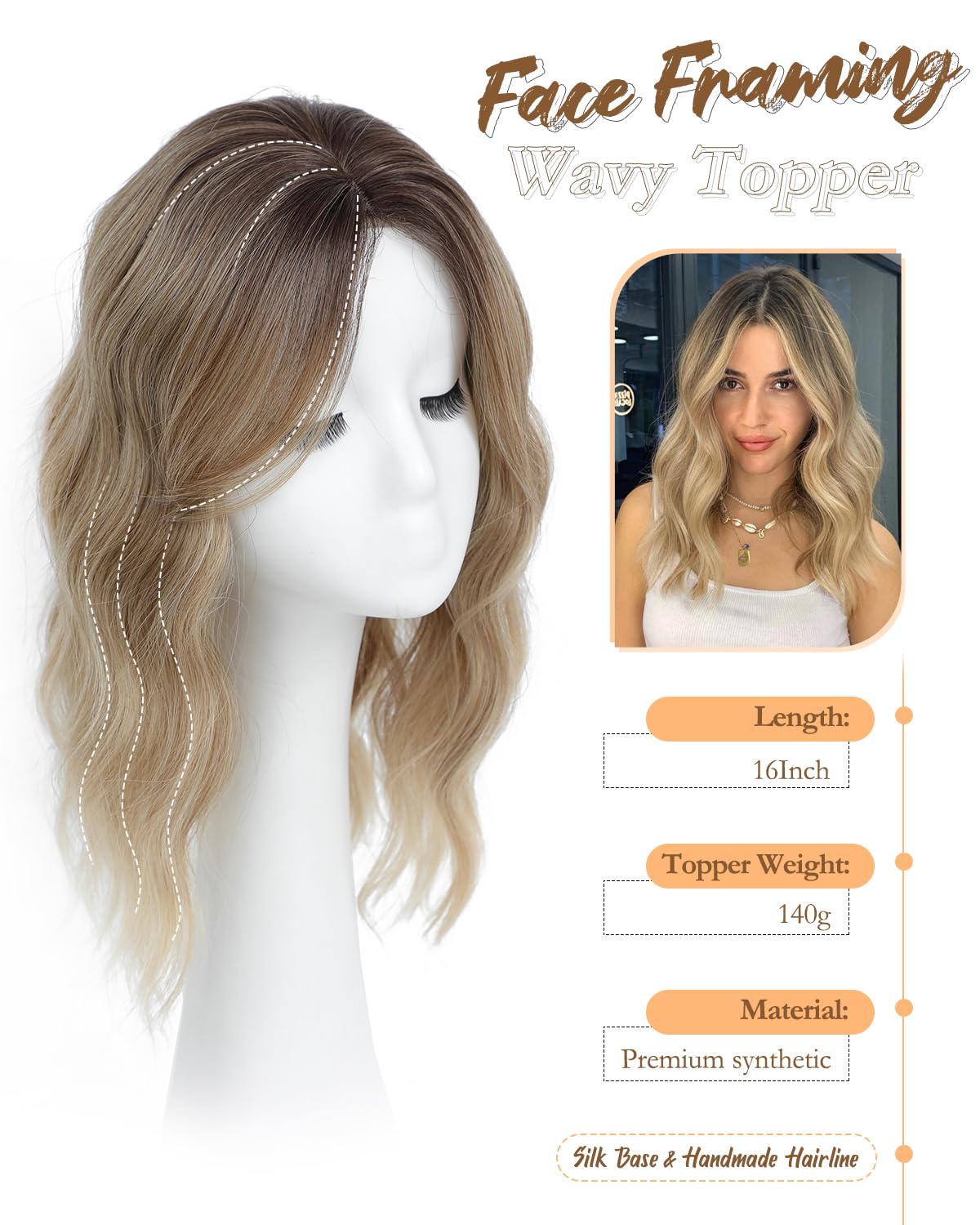 PANEWAY Hair Topper 16Inch Hair Toppers For Women Wavy Curly Brown Blonde with Dark Root Clip In Hair Topper Add Hair Volume Synthetic Wiglets Hair Pieces For Women
