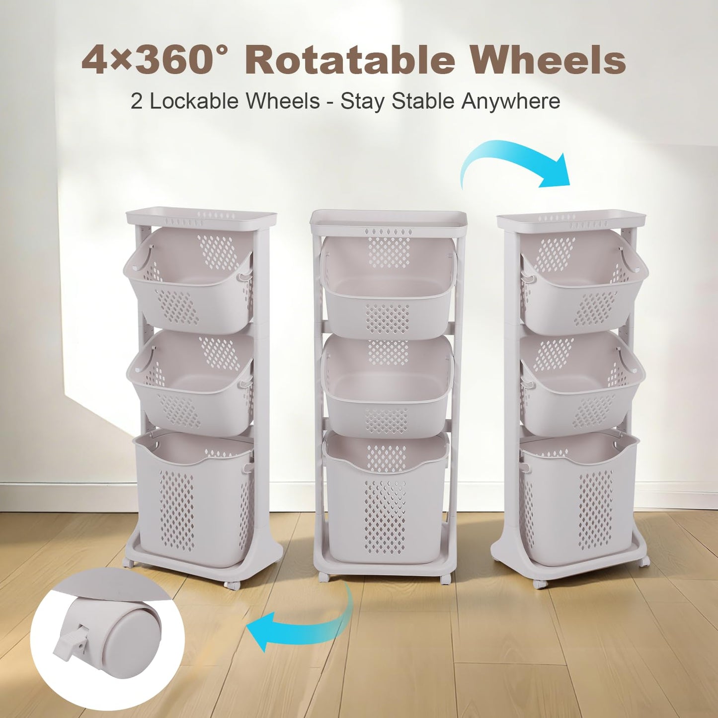 FAHKNS 3-Tier Laundry Sorter Cart with Wheels, Large 75L Capacity Hamper Organizer, Rolling Storage with Removable Mesh Bins for Laundry Use in Home, Dorm, Apartment (17.3" x 13.1" x 42.6)