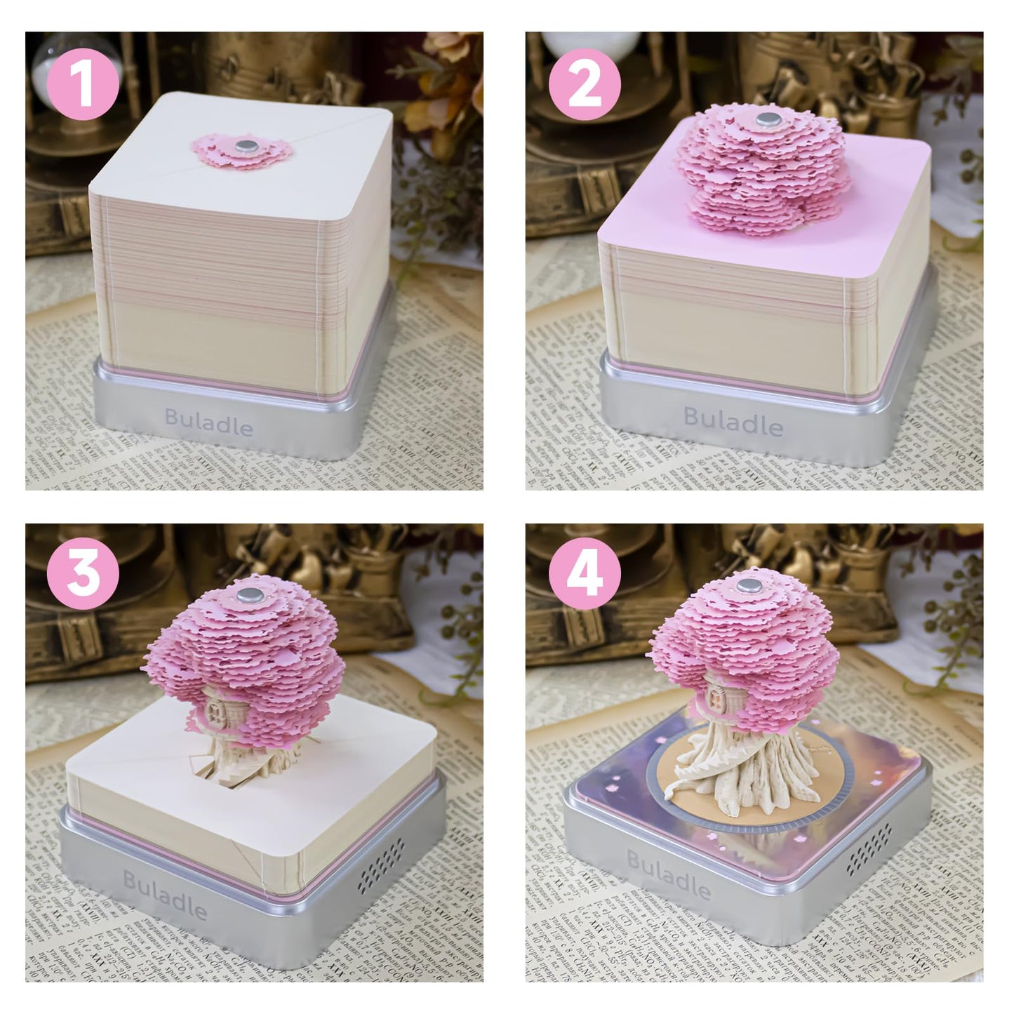 Buladle 3D Tree memo Pads Paper Desk Calendar with Light,DIY Creative Gifts,Non-Sticky Note Pad Cubes Note Cards Stickers Post Notes for Office/Home (Pink)
