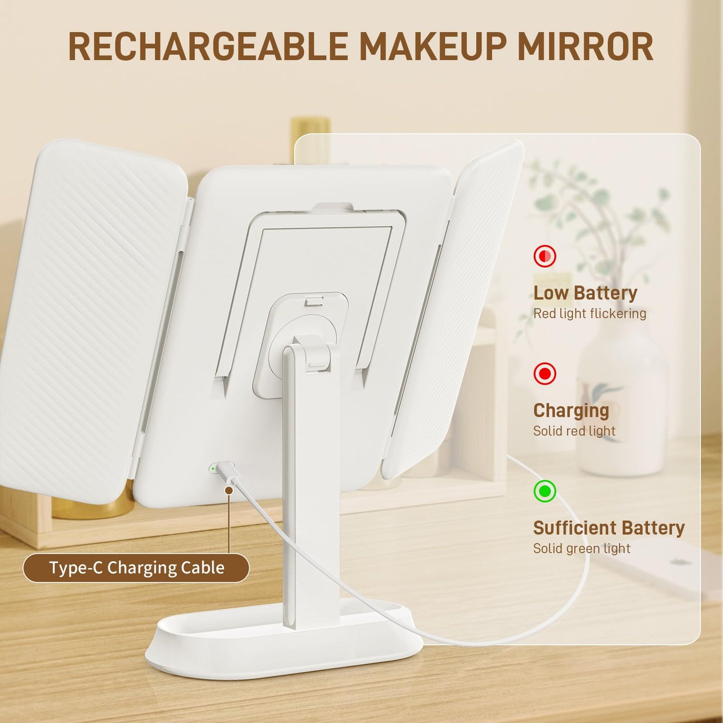 FRANO Makeup Mirror with Lights, Rechargeable Tri-Fold Magnifying Mirror,Touch Screen and 3X/5X/10X Magnification, Travel Mirror
