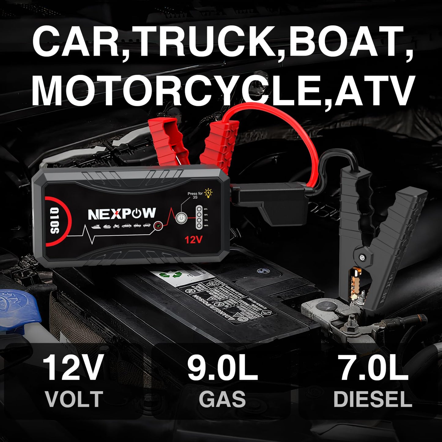 NEXPOW 3000A Peak Car Jump Starter for Up to 9.0L Gas and 7.0L Diesel Engines, 12V Portable Battery Booster Pack with QC3.0 Fast Charging, Lithium Jump Box for Truck SUV Motorcycle with LED Flashlight