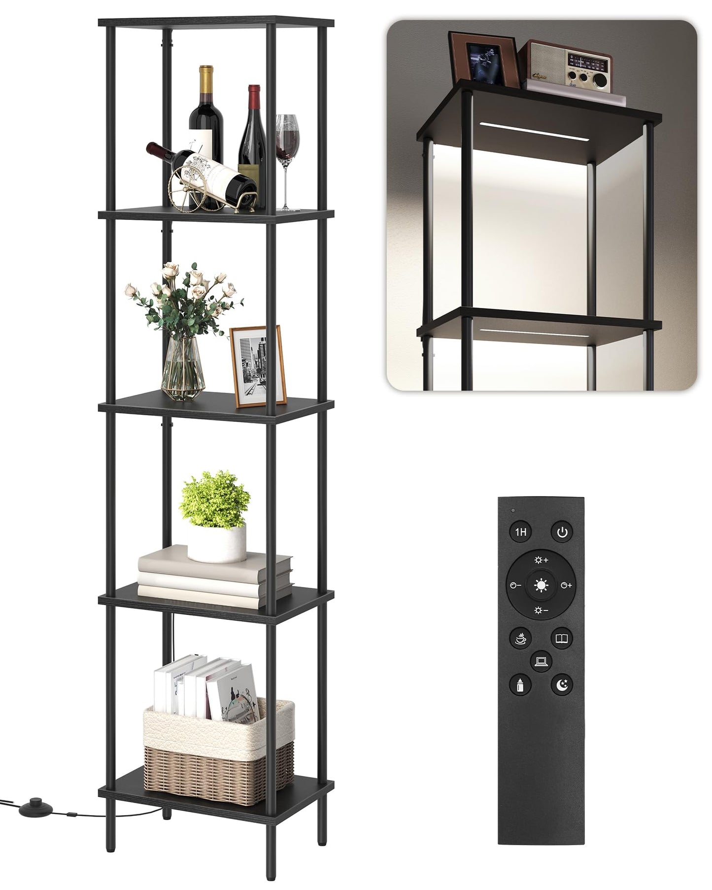 Display Shelf with Light, 5-Tier Shelf Lamp, Corner Floor Lamp with Shelves, Dimmable LED Floor Lamp for Living Room with Remote and Foot Control, 3CCT, Timer, Standing Lamp, Corner Bookshelf B52LD05