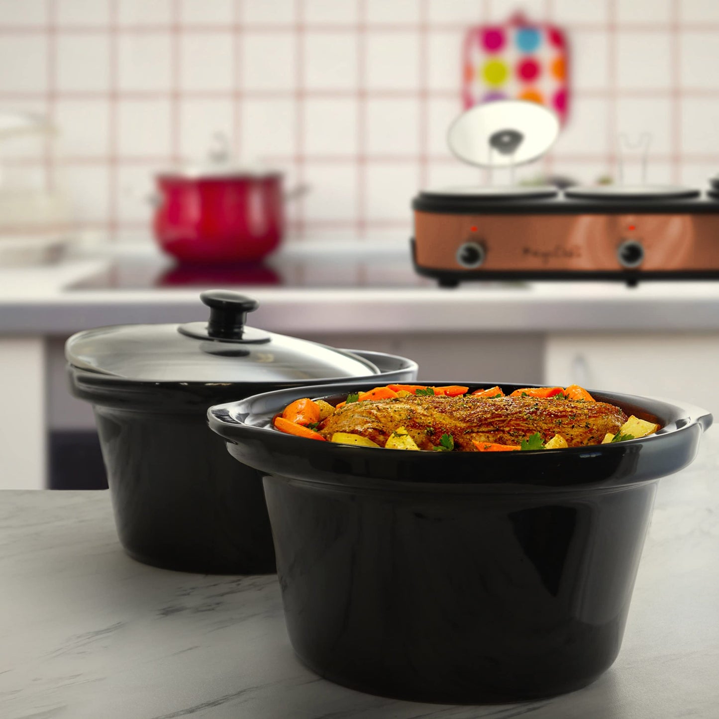 Megachef Triple 2.5 Quart Slow Cooker and Buffet Server in Brushed Copper and Black Finish with 3 Ceramic Cooking Pots and Removable Lid Rests