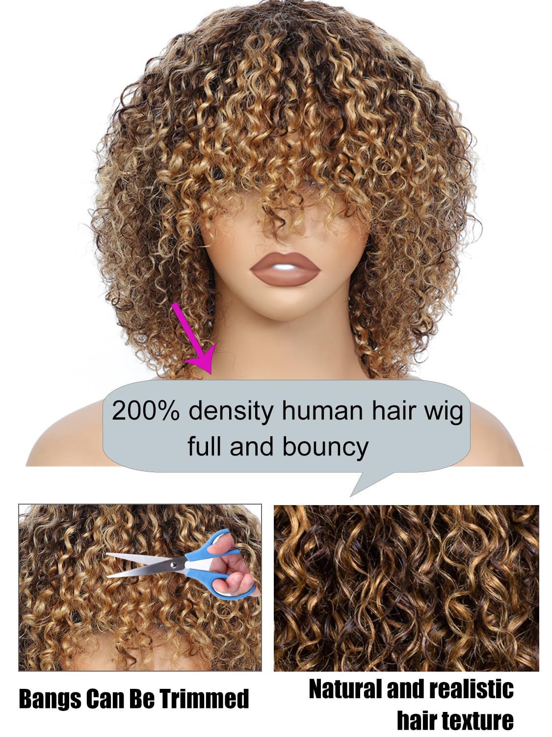 LYOLKSER 200 density short curly human hair wig with bangs 100 percent human hair no lace wig for black women highlight P4/27 brown and blonde 12 inch