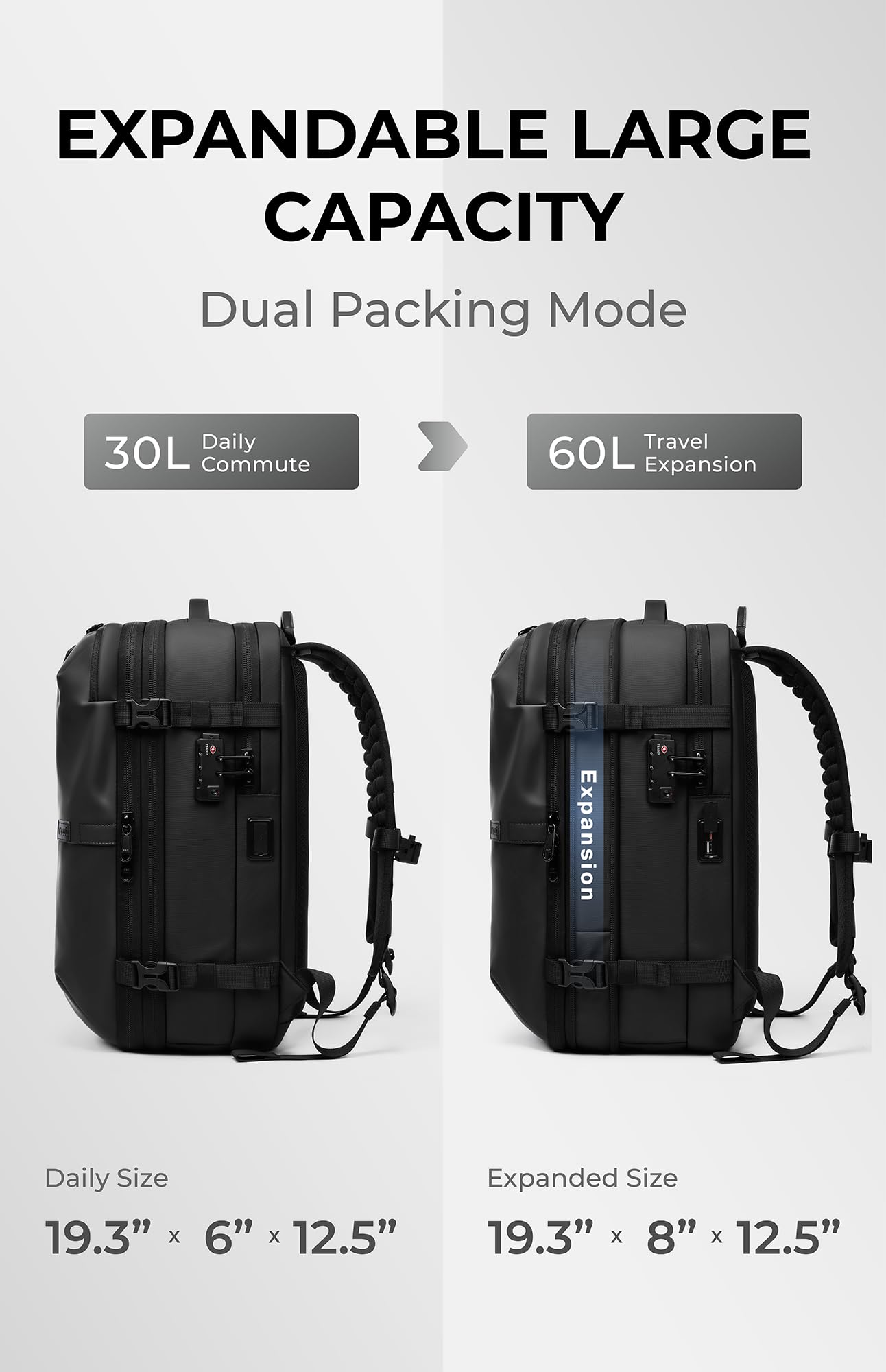 AirVault Vacuum Seal Travel Backpack 60L - Expandable Air Compression Vacuum System, Airback, Vacpack, Water-Resistant, Carry-On with TSA Lock Fits 19" Laptop, Backvac (Black)