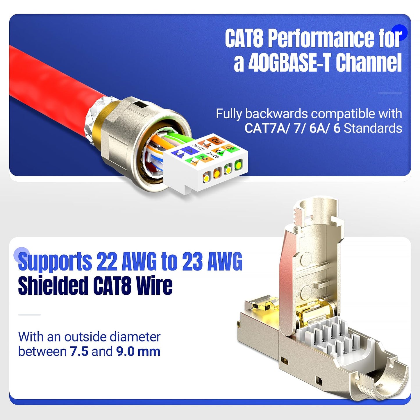 AMPCOM STP CAT8 RJ45 Connector Zinc-Alloy Tool-Free Ethernet Field Termination Modular Plug -12 pack