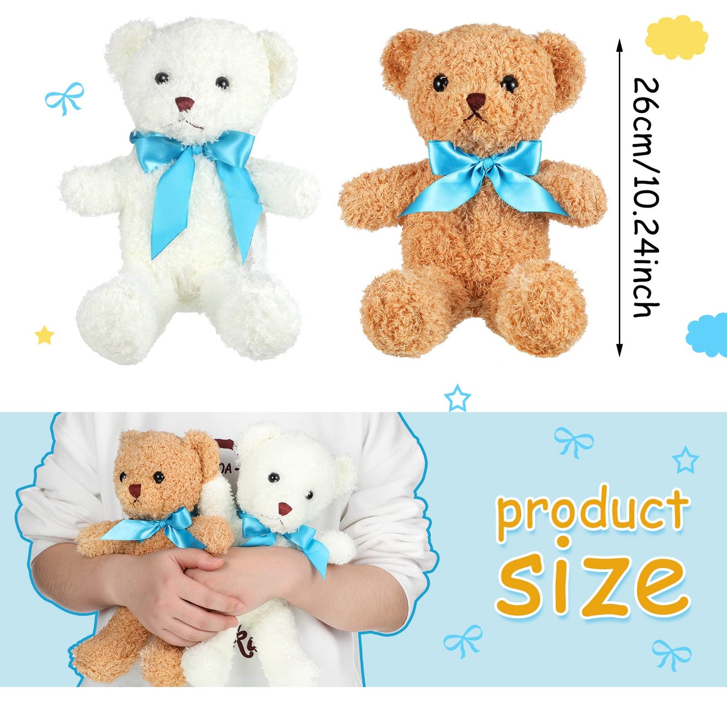 Kathfly 12 Pcs Valentine‘s Day Mini Stuffed Bears Bulk 10 Inch Small Plush Bears Bulk Cute Animal with Ribbon Bow Toy Gift for Birthday Wedding Party Valentine‘s Day Brown White(Blue)