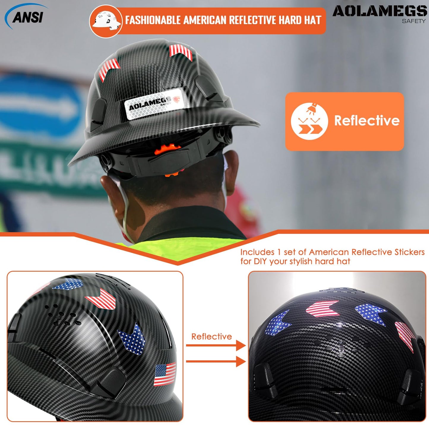 Aolamegs Safe Matte Black Carbon Fiber Pattern Full Brim Hard Hat with Visor - Vented Hard Hats Construction OSHA Approved for Men Adult, Reflective Safety Helmet with Chin Strap,6-Point Suspension