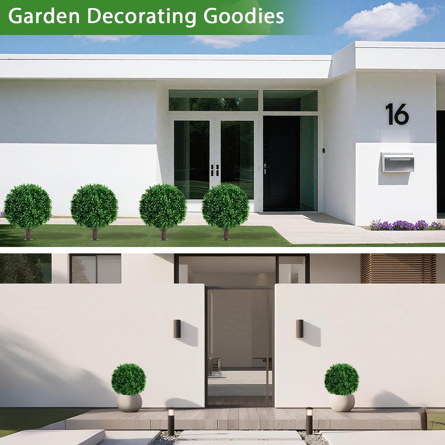 Yangrass Artificial Boxwood Topiary Ball Tree Set of 2, UV Resistant Artificial Outdoor Shrubs with Spike, Decorative Evergreen Fake Topiary Bushes Plant for Front Porch Garden