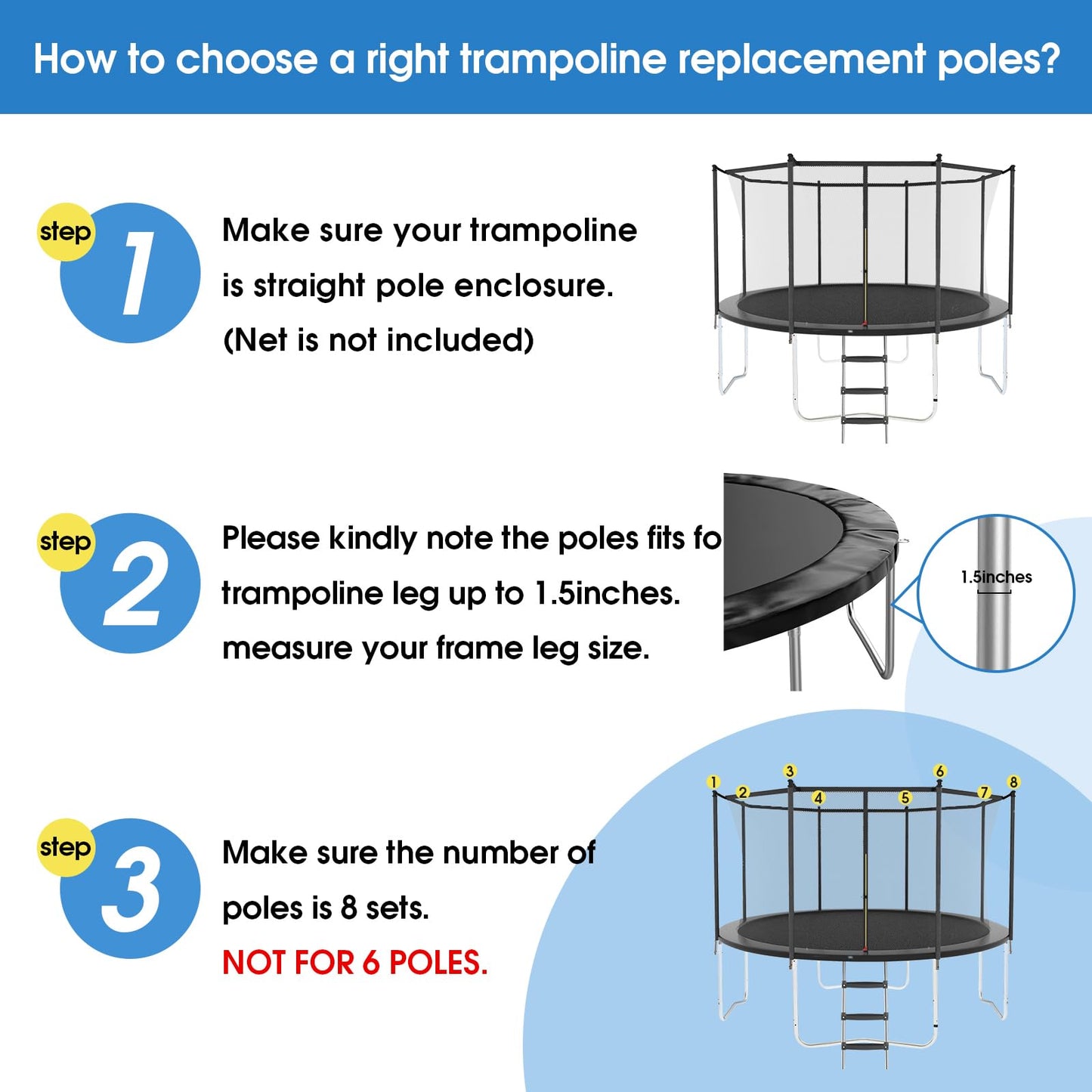 8 Universal Trampoline Enclosure Net Poles, Trampoline Poles Replacement and Hardware Fits 8 Straight Poles Round Frame