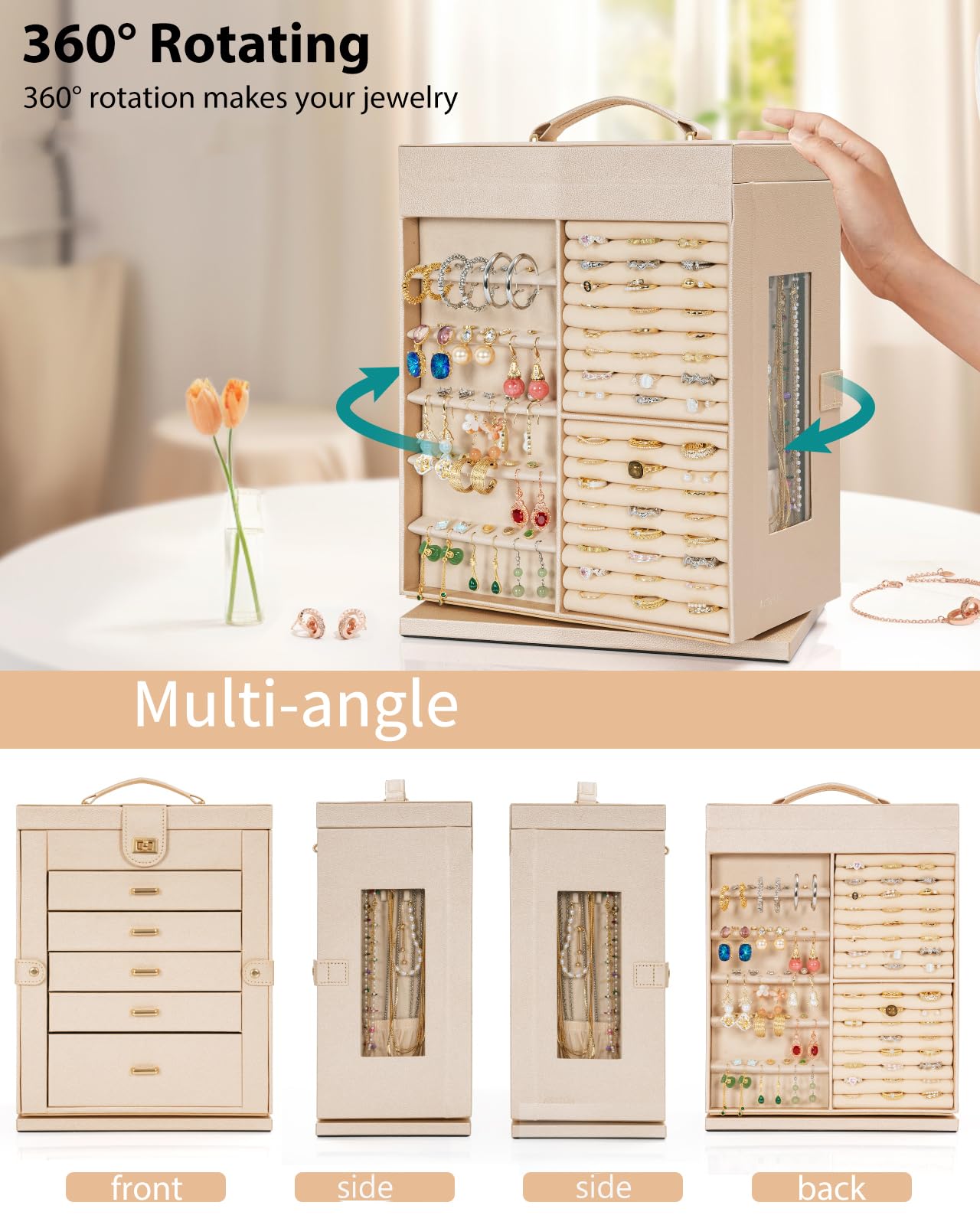 AKOZLIN Jewelry Box 360° Rotating 6-Tier Functional Jewelry Storage Case Organizer for Women Girls Ring Necklace Earring Bracelet Holder with Mirror
