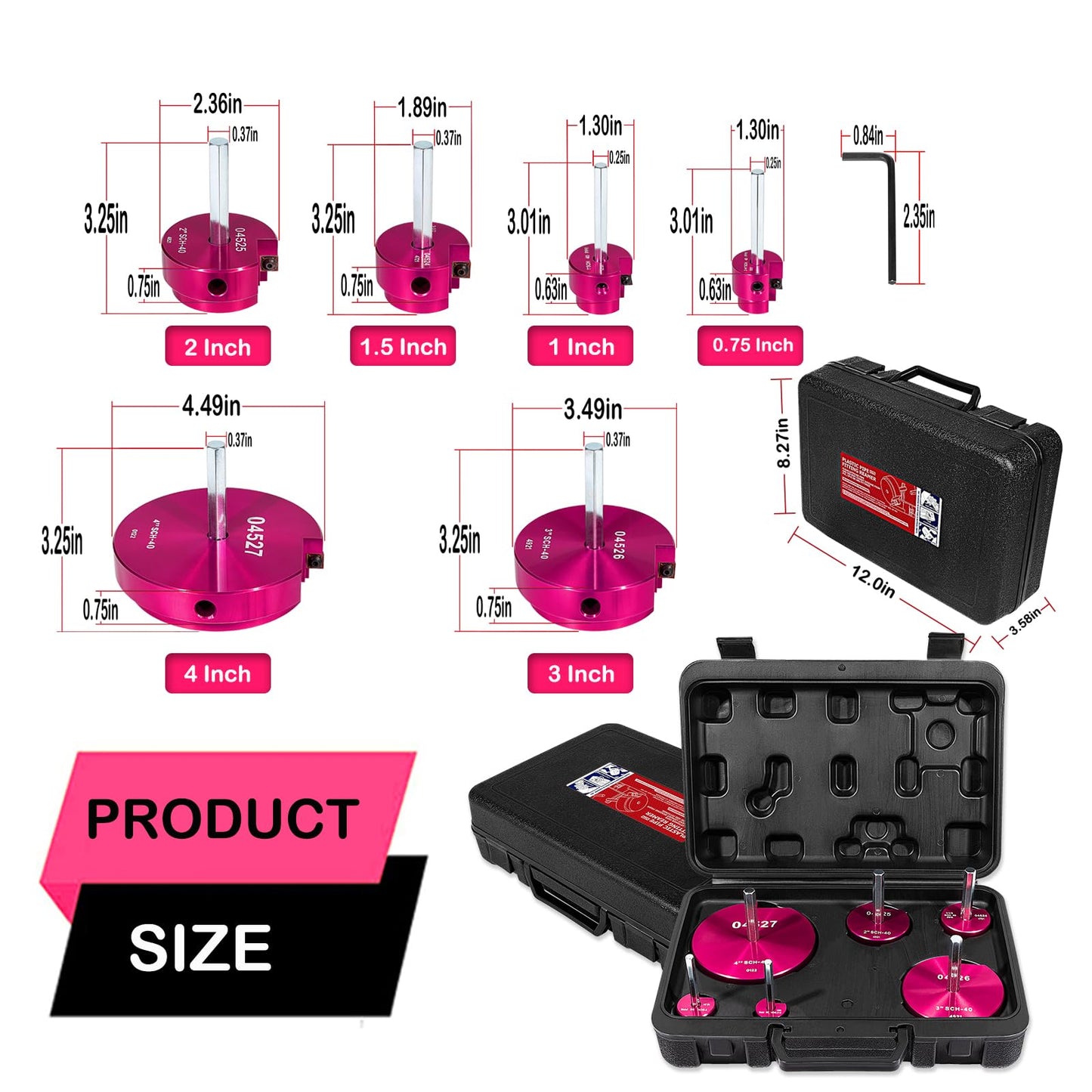 6 Piece Plastic Pipe Fitting Reamer Kit for 1/2" Drill, Includes 0.75", 1", 1.5", 2", 3", 4" Reamers, Carbide Cutting Inserts, For PVC, CPVC, ABS Pipe Fittings