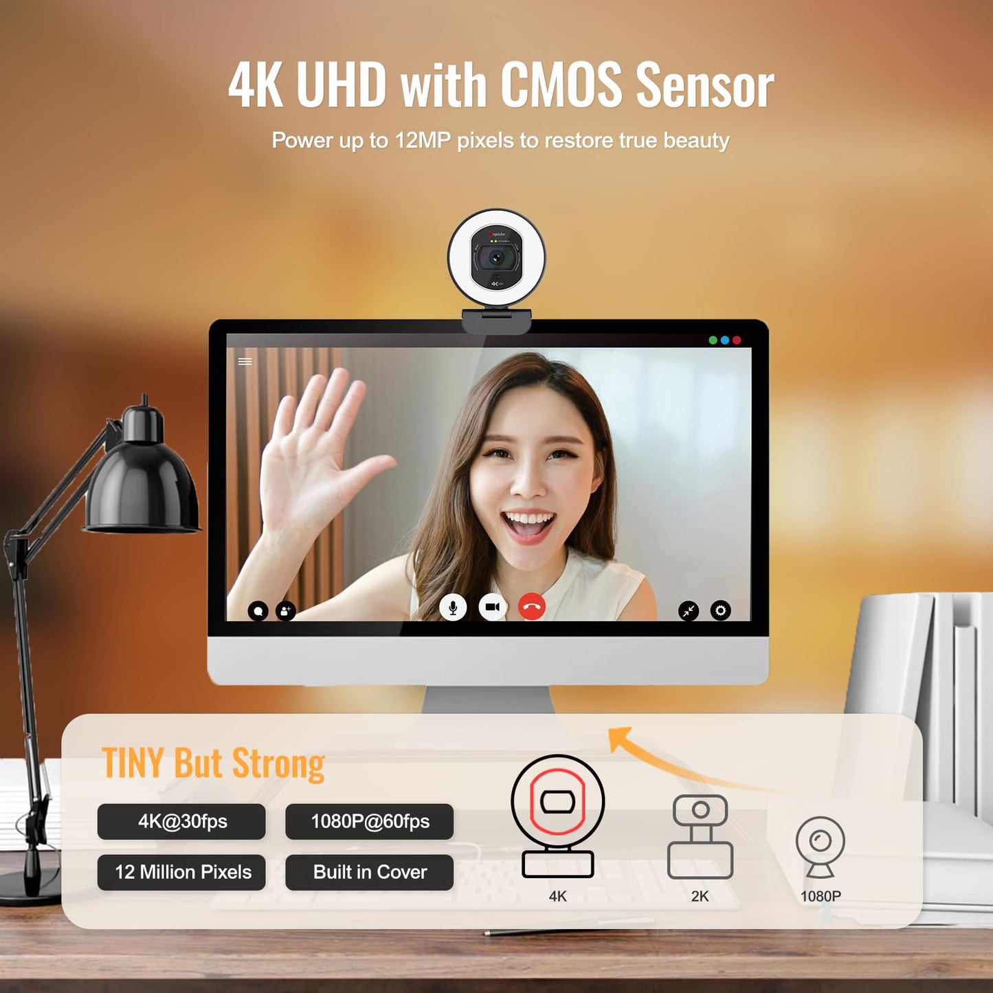 Angetube 4K Webcam with Light for PC: UHD 4K, TOF Auto Focus, Dual AI Noise-Cancelling Mics, 1080p@60FPS, USB Streaming Webcam w/Privacy Cover for Laptop/Mac/Desktop/PC Work w/Zoom/Teams/Google Meet