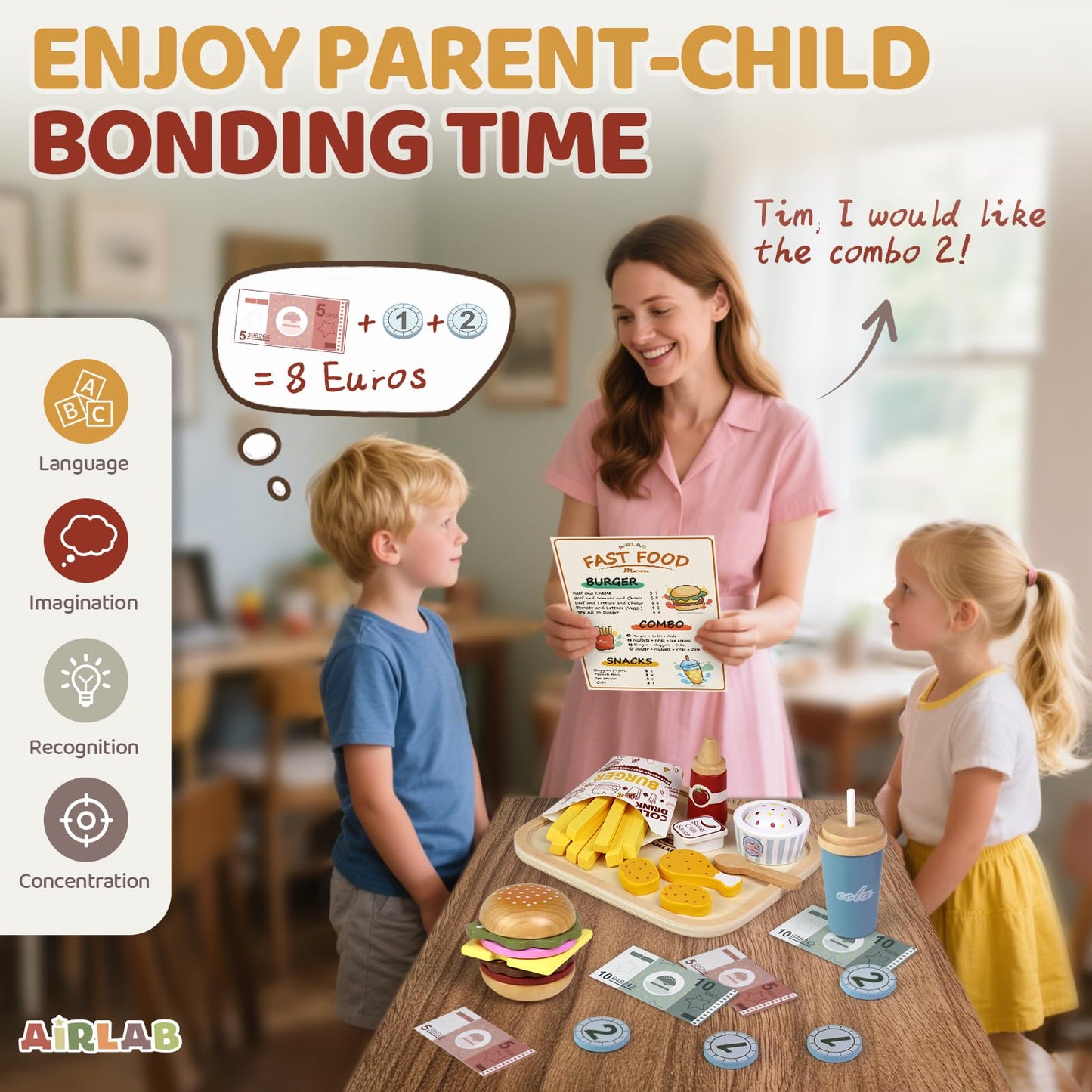 Airlab Wooden Play Food for Toddlers Pretend Play Sets 3-5 Year Old Food Toy Kitchen Accessories Birthday Gift for 3 Year Old Girl Boy 2-4 Age 4 5 6 Wood Educational Toys