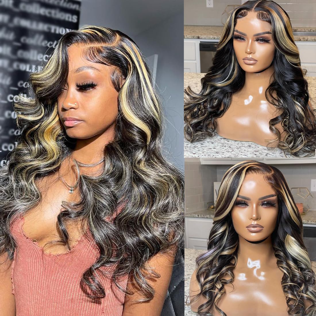 Recomtic Highlight 5x5 HD Lace Closure Wigs Wear and Go Glueless Wigs Human Hair Pre Plucked Pre Cut 1B/27 Honey Blonde Body Wave Lace Front Wigs Human Hair for Women 180% Density 26Inch