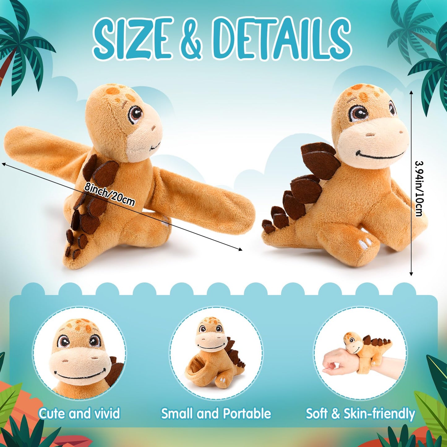 Liliful 8 Pack Kids Gifts Stuffed Animal Cat Slap Bracelets, Easter Graduation 8 Inch Plush Wrist Cute Snap Bracelets Birthday for Boys Girls Child Bulk Items Mardi Gras Party Favors(Dinosaur)