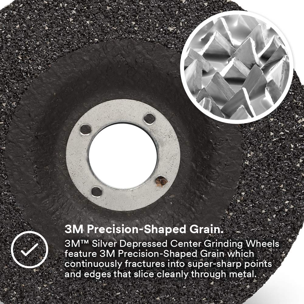 3M Silver Depressed Center Grinding Wheel, 87454, T27, 5 in x 1/4 in x 7/8 in, Pack of 10, Deburring Edges, Heavy Stock Removal, Stainless Steel, Mild Steel, Right Angle Grinding