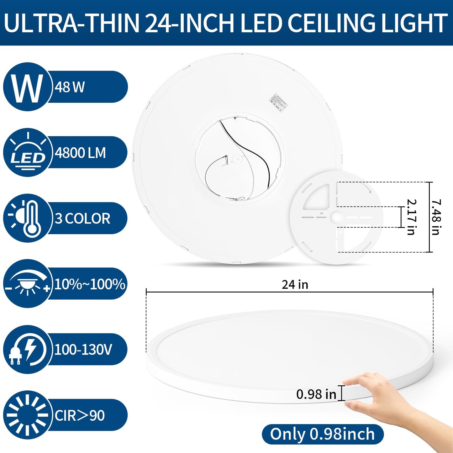 24'' Large Led Flush Mount Ceiling Light Fixture, Dimmable & 3000K/4500K/6000K Selectable, 48W, 4800LM, Modern, White, Ultra Thin, for Bedroom, Kitchen, Dining Room, Living Room, Home Office, Hallway