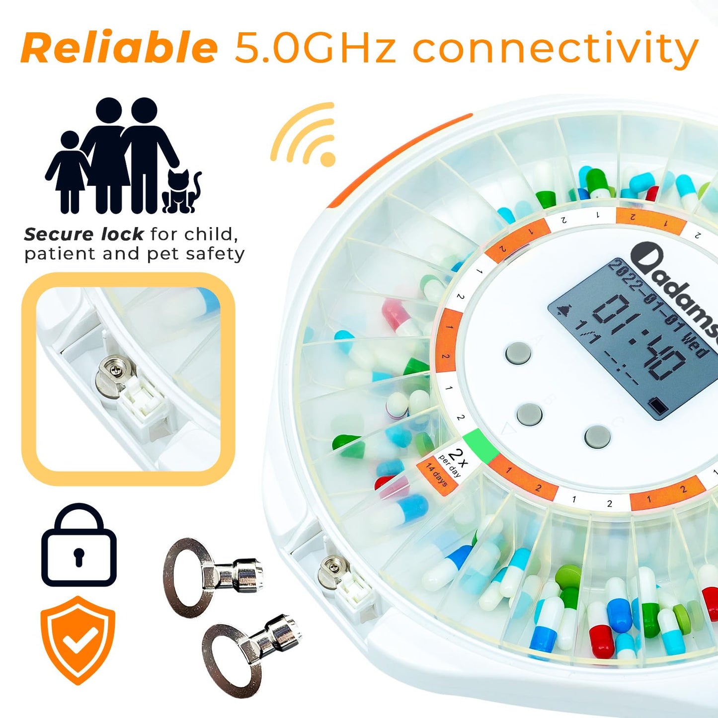 Adamson TimelyMed Smart Pill Dispenser with Alarm - WiFi App Monitoring - 28-Day Automatic Medicine Dispenser for Elderly & Alzheimer’s Care - Lock Key - New Version