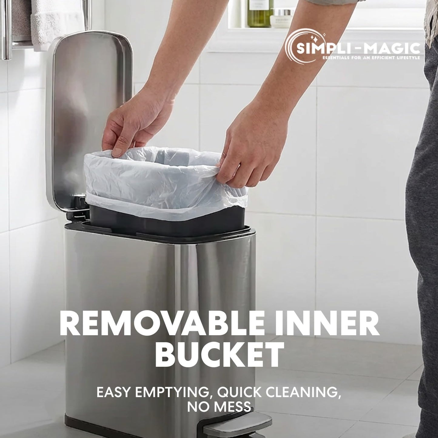 SIMPLI-Magic 6L/1.6G Stainless Steel Bathroom Trash Can with Hands-Free Foot Pedal, Quiet Soft-Close Lid, Compact Space-Saving Size