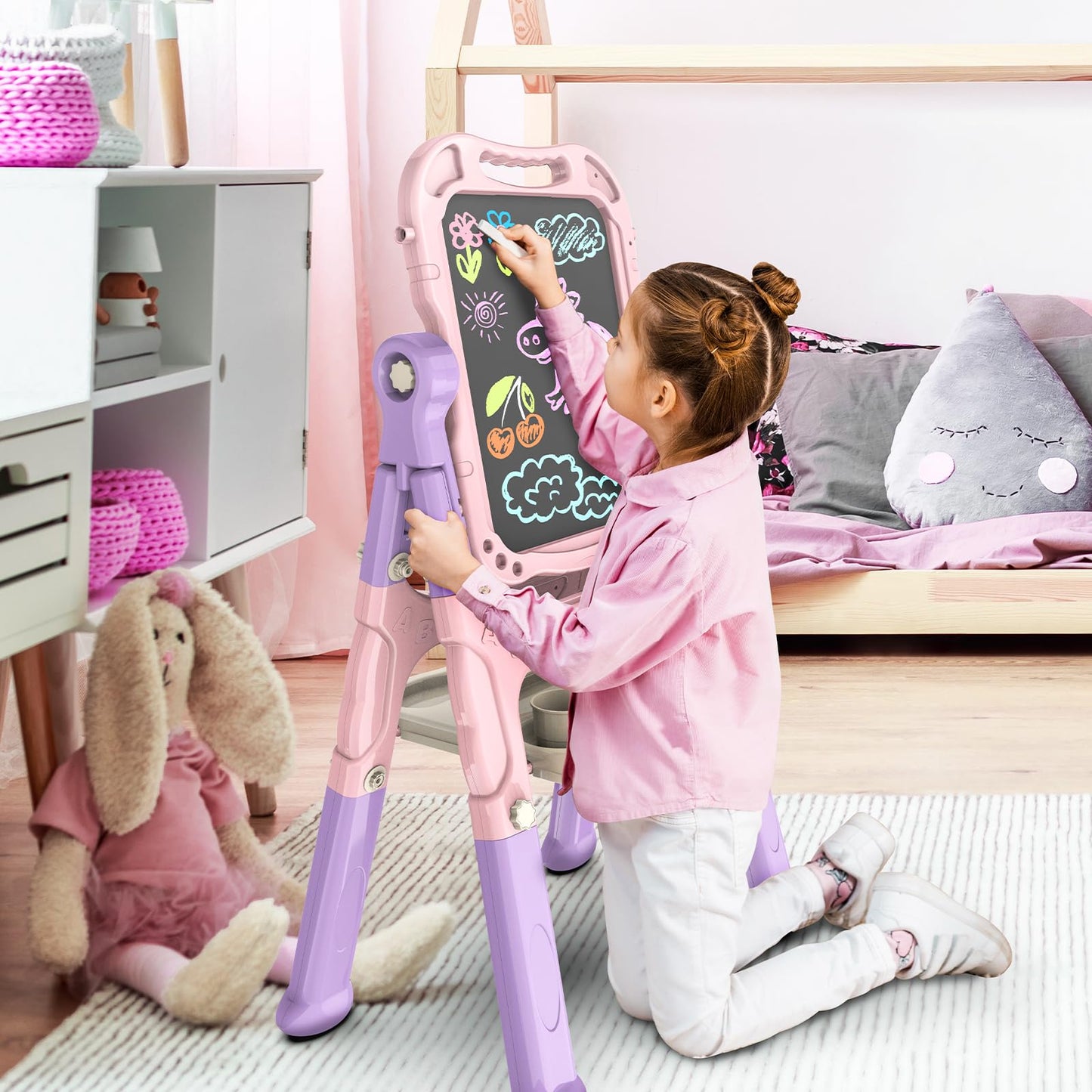 Amagoing Easel for Kids, Adjustable Standing Art Easel for Toddler, Double Side Magnetic Chalk Board with Painting Accessories, Birthday Christmas Gift for Little Boys and Girls Age 3-5, Pink