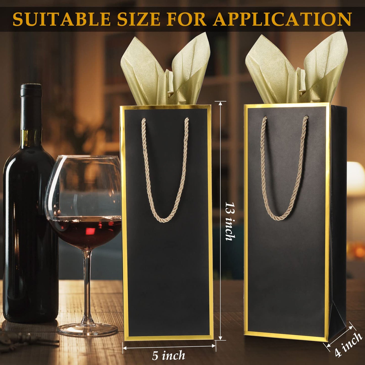 TaoBary Black Wine Gift Bags and Gold Wrapping Paper Set Wine Bags for Bottle Bulk 4 x 5 x 13 Inch Champagne Gift Paper Bags with Handles for Appreciation Wedding Party Anniversary(50 Packs)