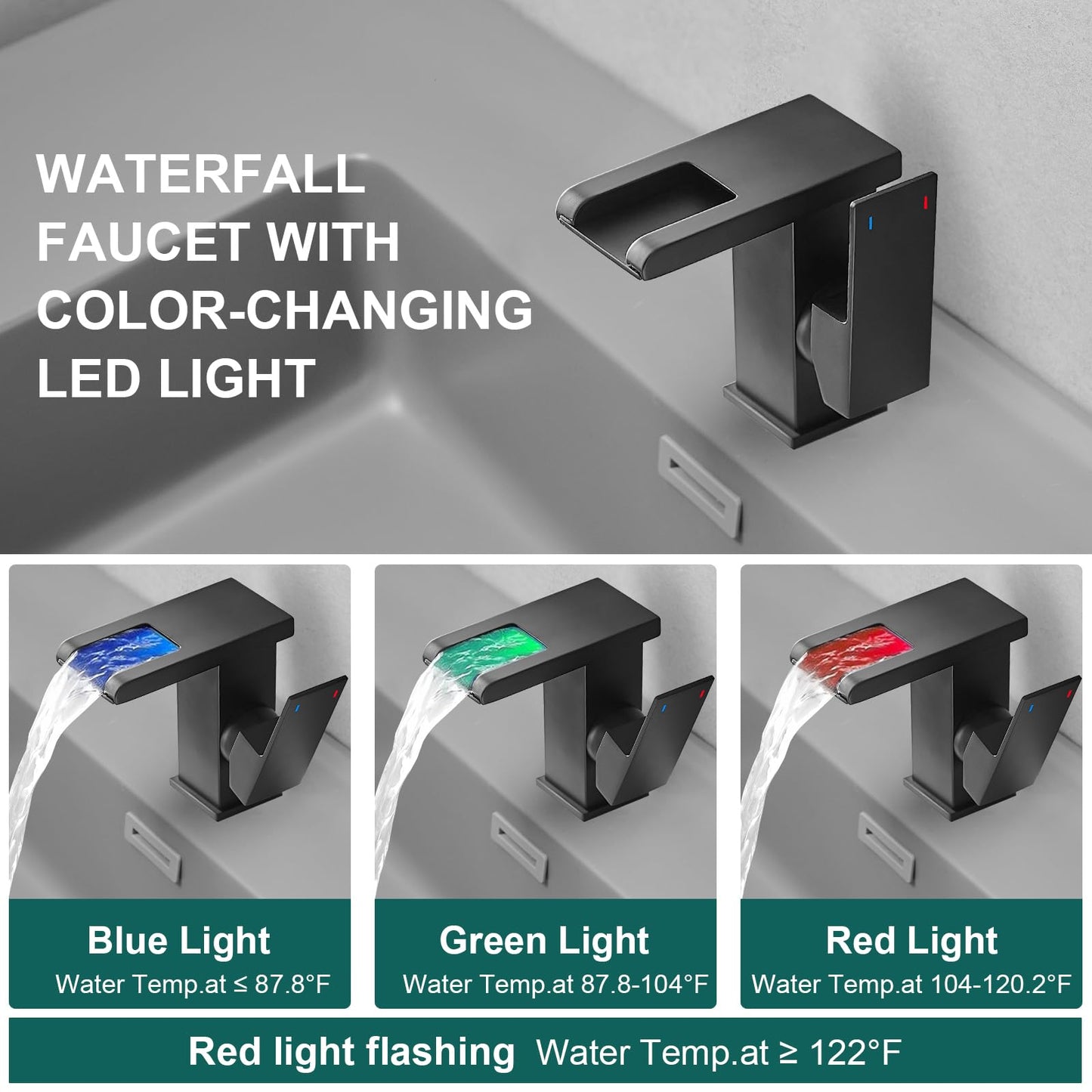 Hoimpro LED Waterfall Bathroom Faucet Matte Black, Single Handle Bathroom Sink Faucet 1 Hole, 3 Colors Light Changing vanity faucet, with Pop-up Drain and cUPC Supply Lines, Stainless Steel