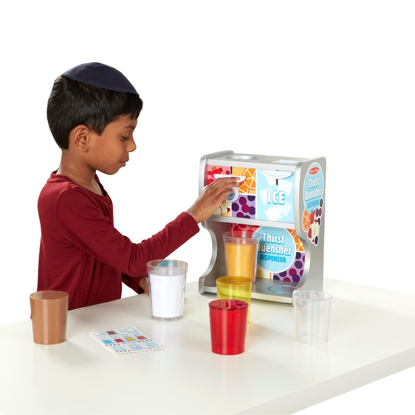 Melissa & Doug Thirst Quencher Wooden Drink Dispenser Pretend Play Set with Cups, Juice Inserts, Ice Cubes - FSC CertifiedPretend Play Soda Fountain, Food Sets for Kids Kitchen, for Kids Ages 3+