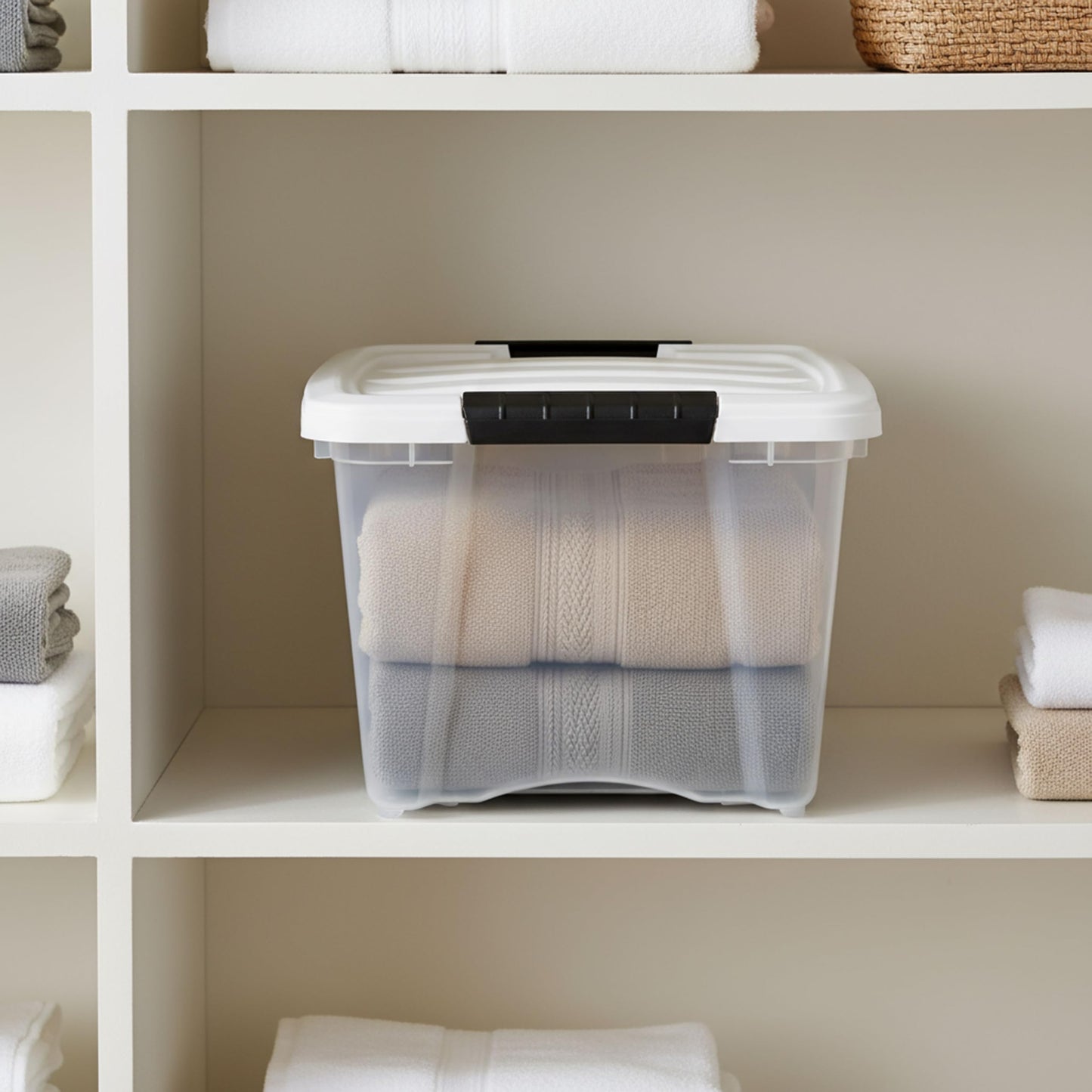 IRIS USA 19 Qt Stackable Plastic Storage Bins with Lids, 6 Pack - BPA-Free, Made in USA - See-Through Organizing Solution, Latches, Durable Nestable Containers, Secure Pull Handle - Clear/White