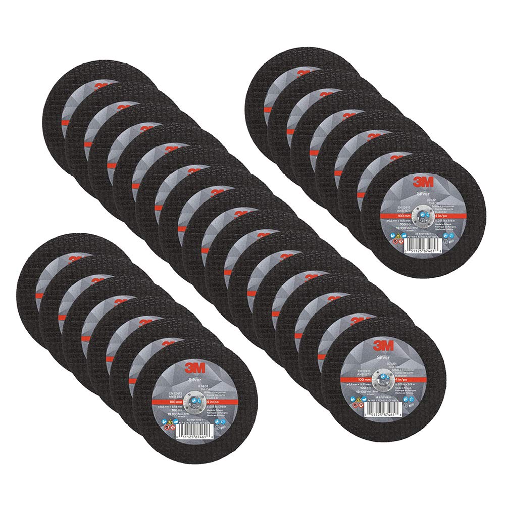 3M Silver Cut-Off Wheel, 87461, T1, 4 in x .035 in x 3/8 in, Pack of 25, Precision Shaped Grain, Pipe Cutting, Stainless and Mild Steel, Metal Fabrication, Metalworking