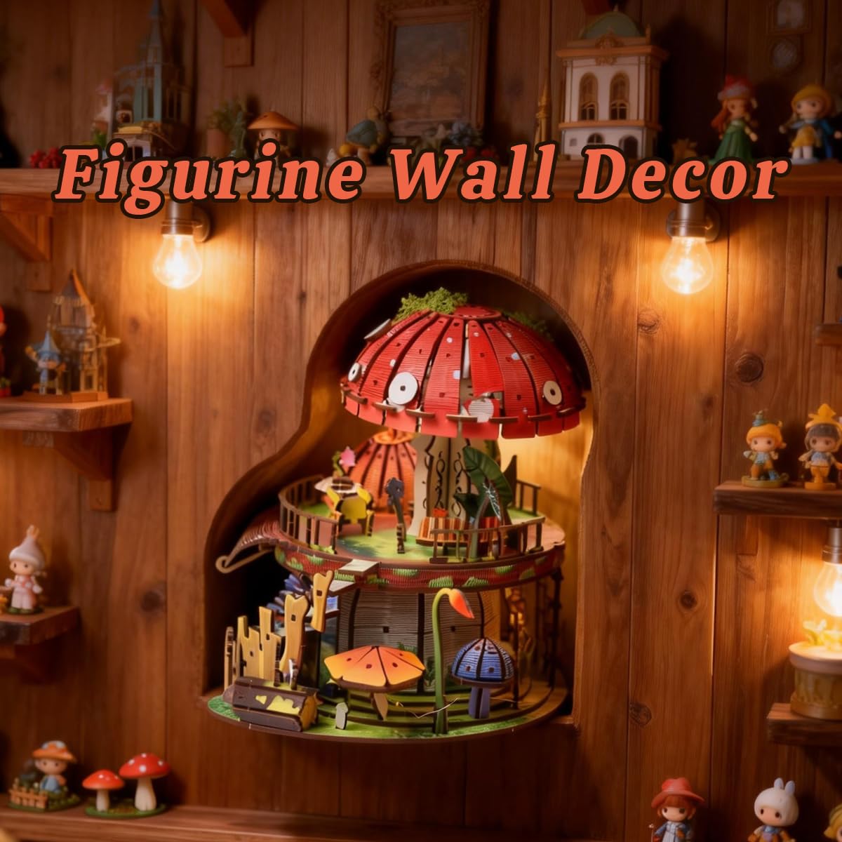 Garden Mushroom Dollhouse Book Nook Kit, DIY Miniature Wooden 3D Puzzle Dollhouse, Fantasy Bookshelf Decor Craft Building Set, Home Shelf Decoration for Adults & Teens, with String Light Edition