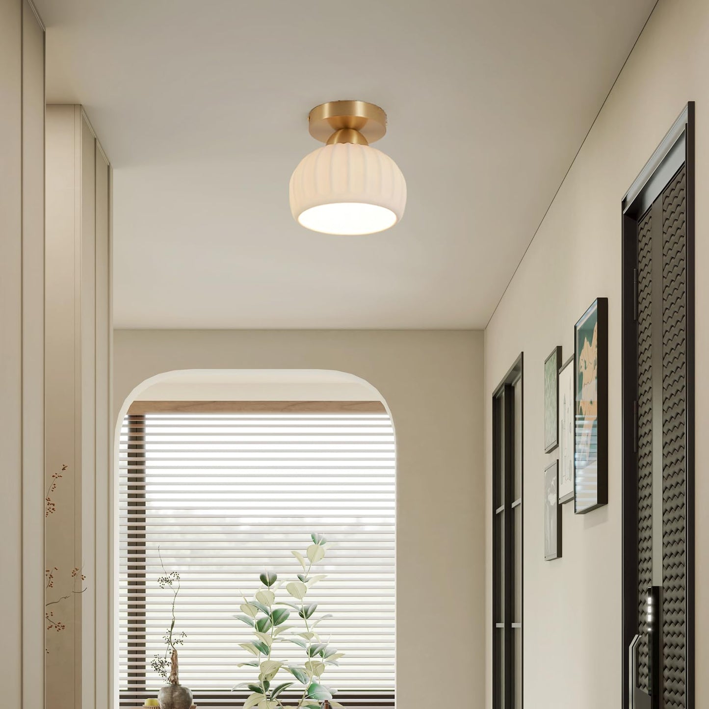 Fetason 2 Pack Ceramic Brass Semi Flush Mount Ceiling Light Vintage Hallway Light Fixtures, Modern Small Ceiling Mount Light Lamp for Hall Kitchen Entryway Passway Porch Foyer