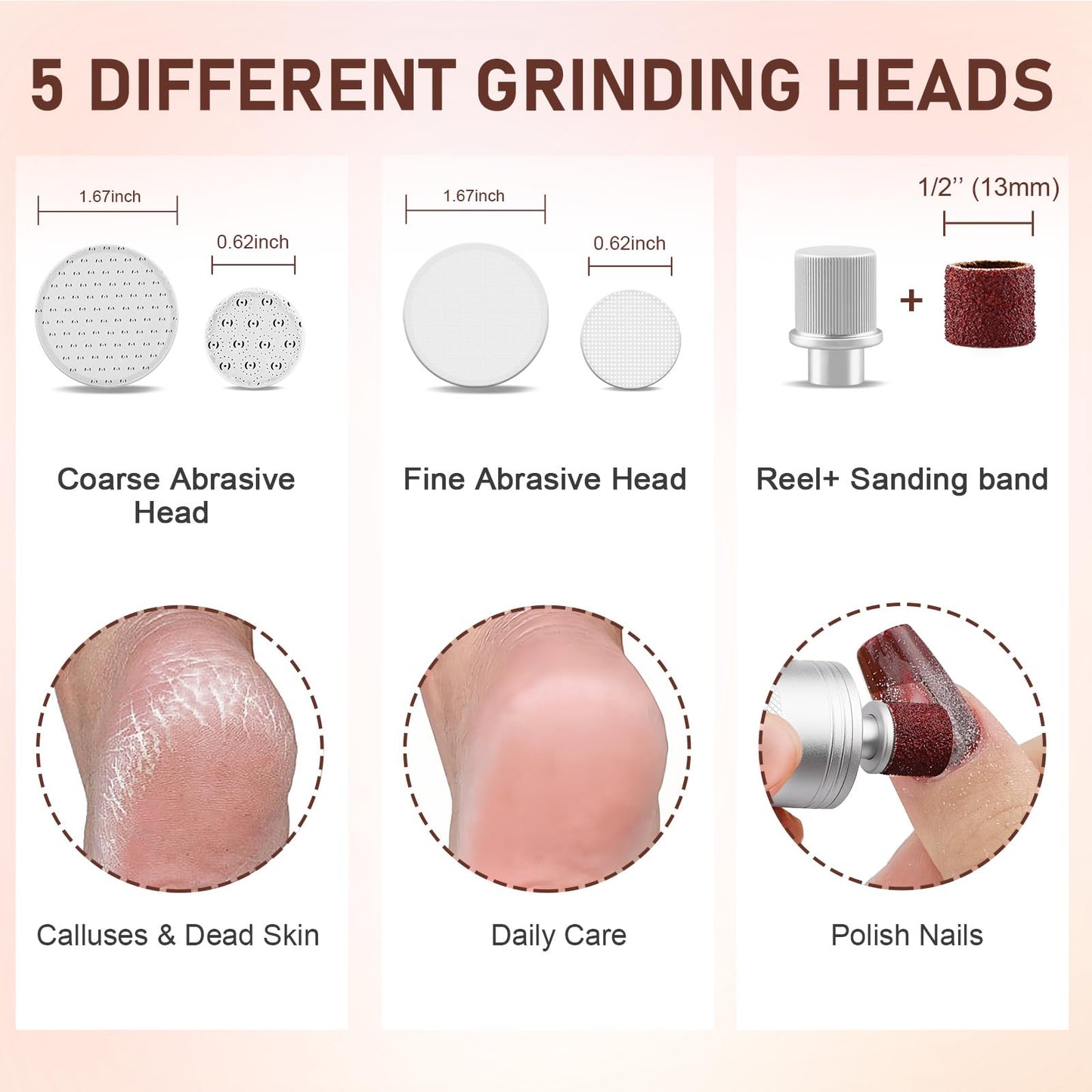 Kredioo Electric Foot Callus Remover 5 Nano Glass Nail File Grinding Heads and Sanding Bands Pedicure Tools for Feet Sensitive Skin Safe Adjust Speed R/F Direction Remove Calluses Dead Dry Skin
