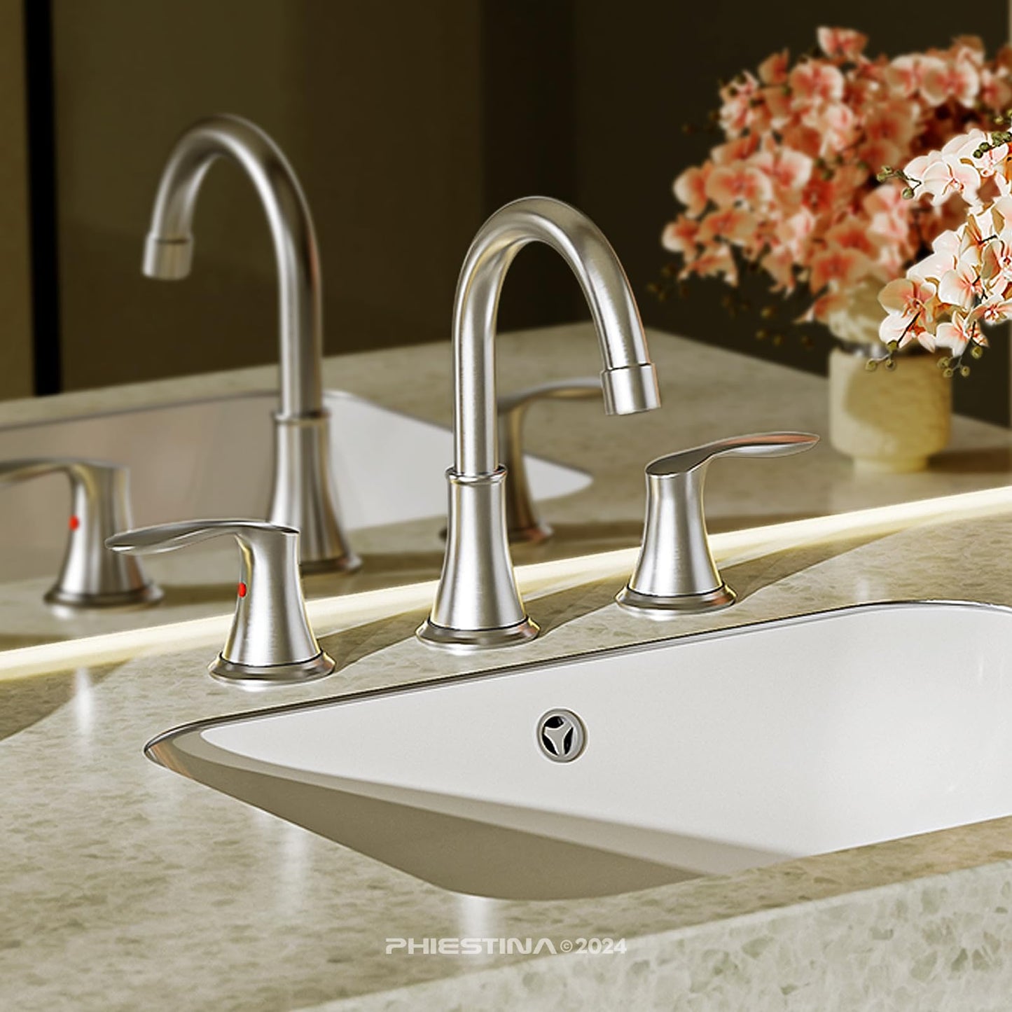 Phiestina Widespread 8 Inch 3 Holes Brushed Nickel Bathroom Faucet,Two Handles Stainless Steel Bathroom Sink Faucet with Metal Pop-Up Drain and Water Supply Lines, WFTY36-BN