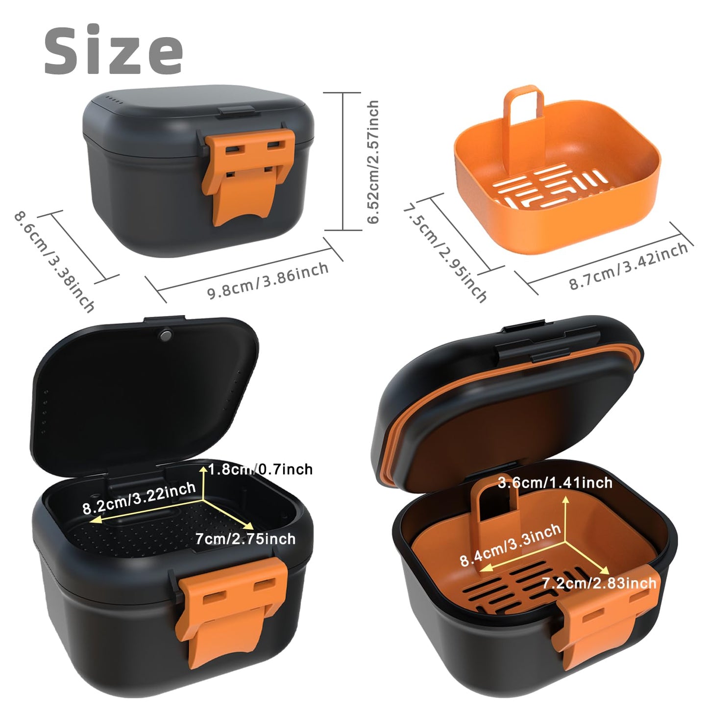 ARGOMAX Leak Proof Denture Bath Cup, Portable Soaking Denture Box, Denture Bath Case with Strainer, for Dentures and Braces, Upgraded Version with Storage Compartment (Black + Orange).