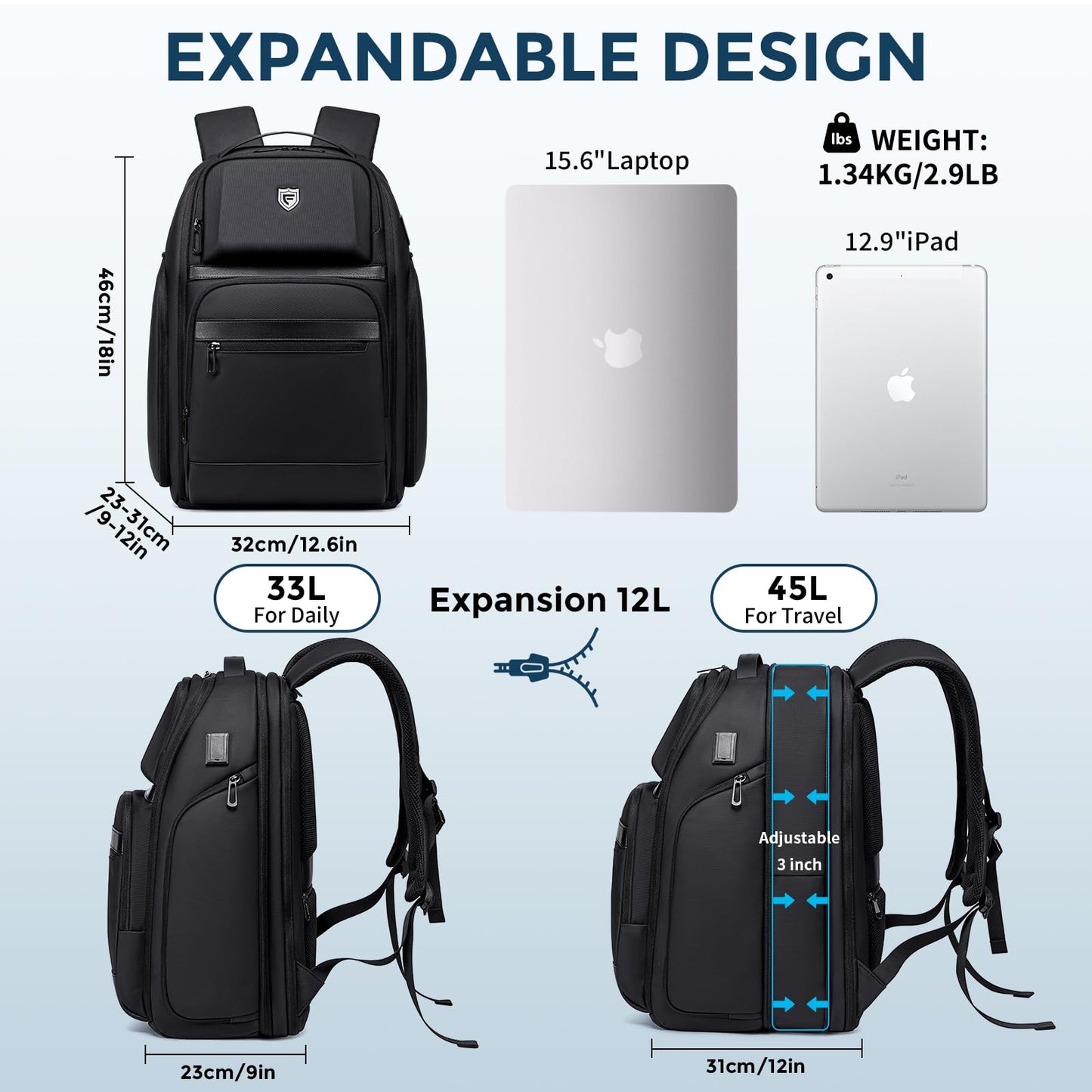 Fenree.geer Travel Laptop Backpack for Men, Expandable Water Resistant 15.6 Inch Computer Backpack with USB Port, Mens Hardshell Laptop Bag for Business/Work/College, Black