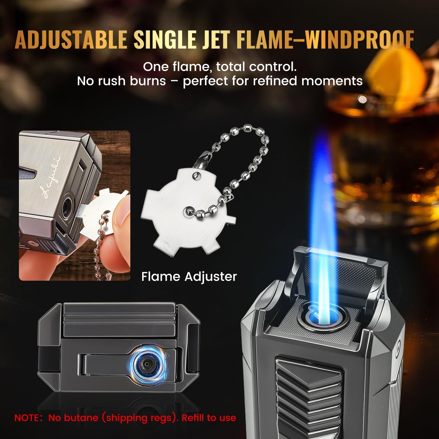 6-in-1 Torch Lighter with Twin Nubber, Auto-Pop V-Shape Clipper, Draw Enhancer, Holder and Punch, Refillable & Adjustable Windproof Butane Lighter, Premium Gift Box for Men & Travel Essential