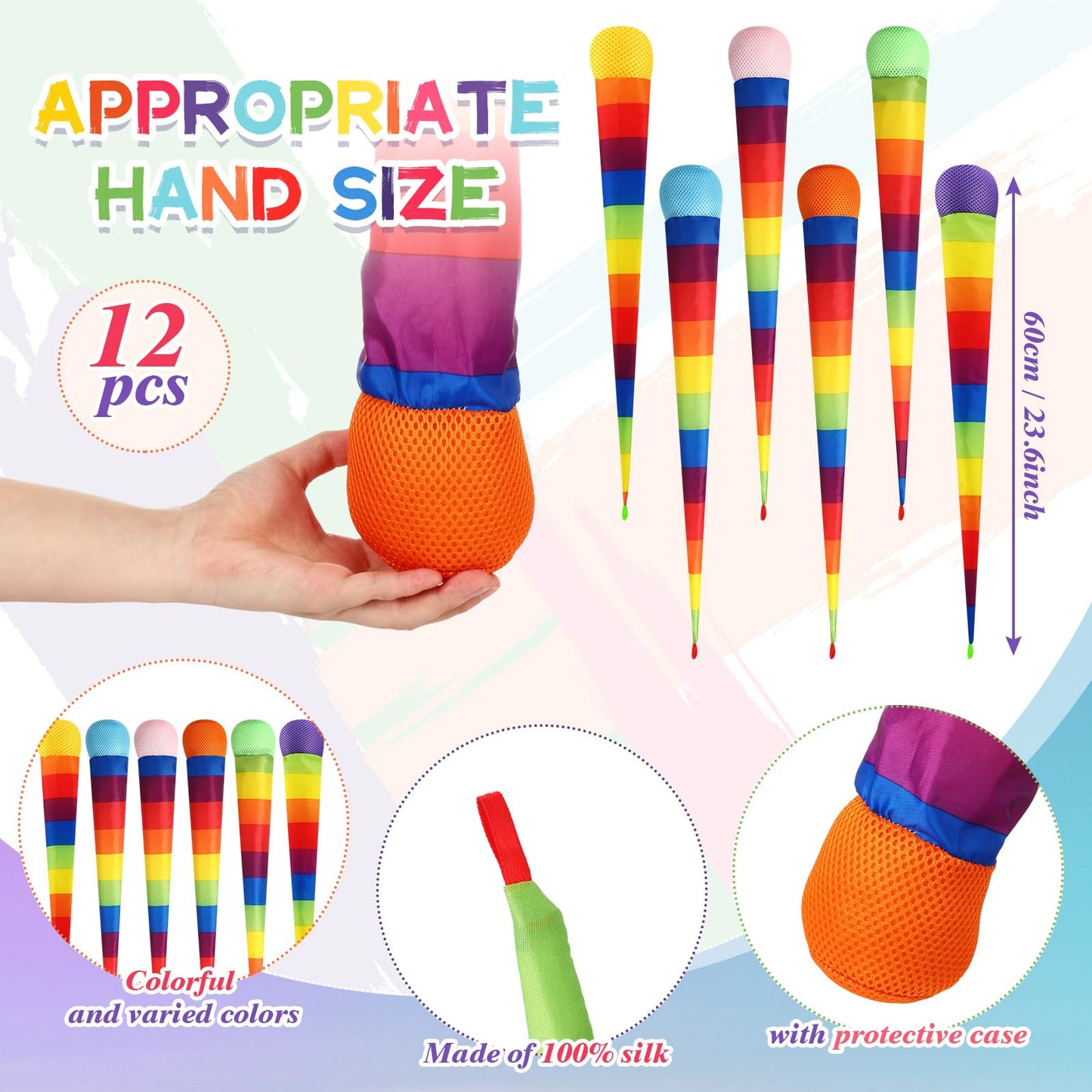 Leyndo 12 Pcs Throw and Catch Balls with Rainbow Tail, Soft Sports Play Comet Balls Playground Toys Bulk for Kids Adults Games and Activities Fun Throwing School, 25.59 Inch Long(Classic Color)