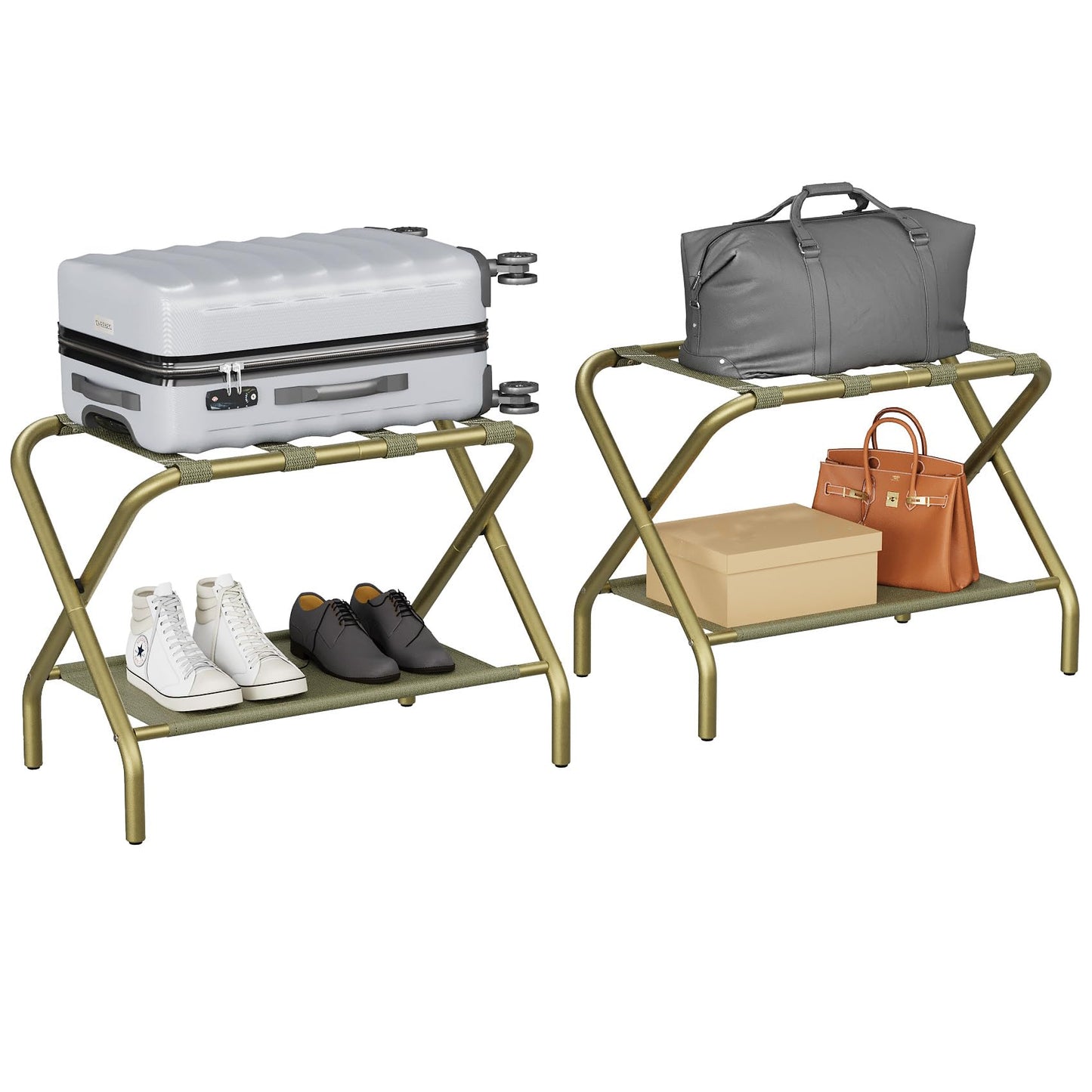 Smuxee Gold Luggage Rack Pack of 2, Foldable Suitcase Stand with Fabric Storage Shelf, Luggage Holder with 4 Nylon Straps for Hotel Guest Room Bedroom