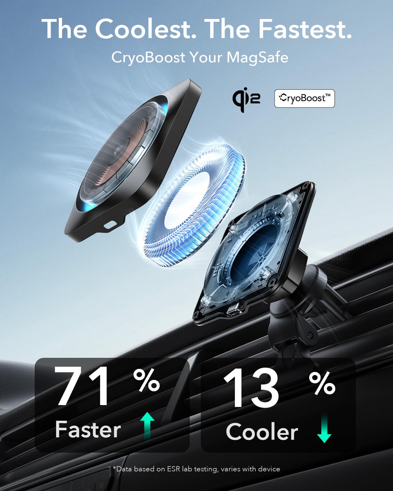 ESR for Qi2-Certified 15W MagSafe Car Mount Charger with CryoBoost, Phone Cooling MagSafe Car Charger, Air Vent/Dashboard Wireless Car Charger for iPhone 16/15/14/13/12, Fast Charger, Black