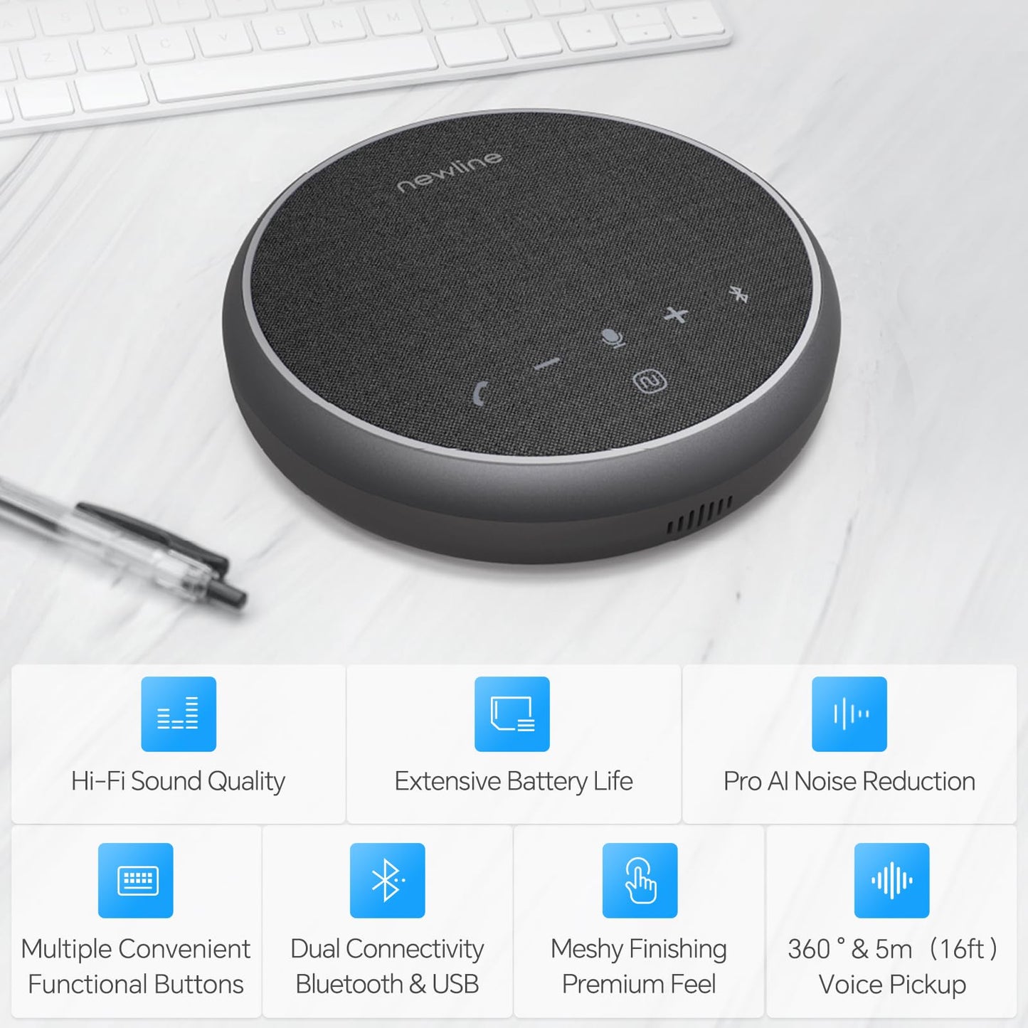 N newline Conference Speaker and Microphone, Bluetooth Speaker with Microphone, 360° Voice Pickup, AI Noise Reduction, Dual Connectivity, USB C Conference Room Microphone for Meetings, NewPie