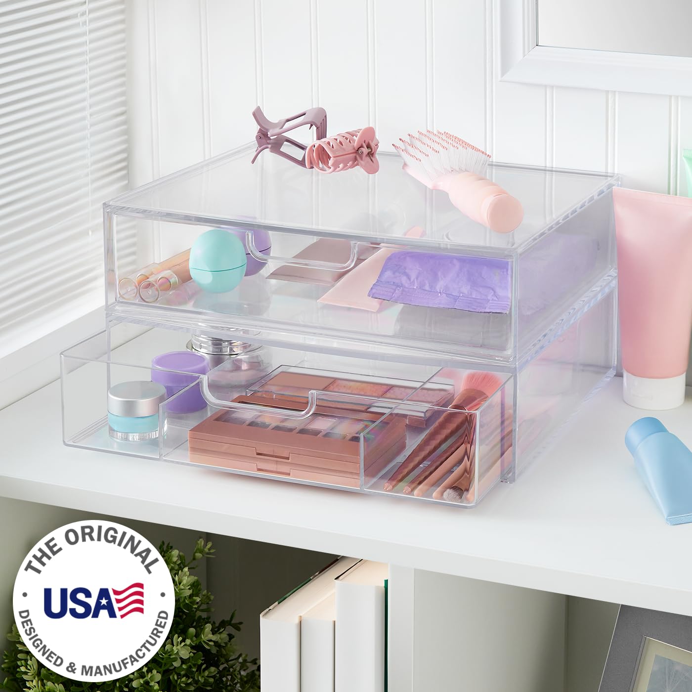STORi Sofia 12.5” Wide Clear Stackable Open & Divided Storage Drawers, 2 Pack Plastic Organizer Bins for Makeup Palettes, Cosmetics, & Beauty Supplies, Vanity, Bathroom, Desk Organization, Made in USA