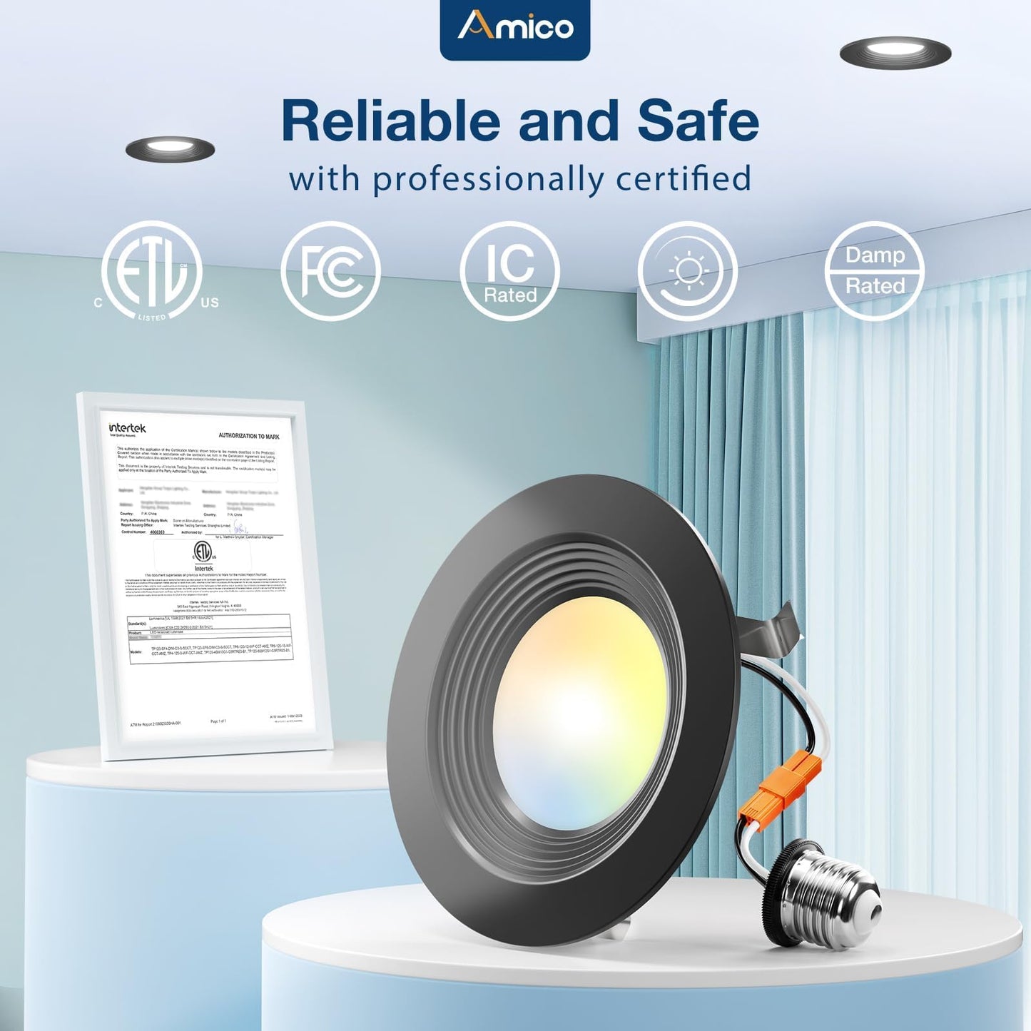Amico 4 Inch 5CCT LED Recessed Lighting 12 Pack, Dimmable, Damp Rated, 8.5W=60W, Can Lights with Baffle Trim, Retrofit Installation, ETL&FCC, Black