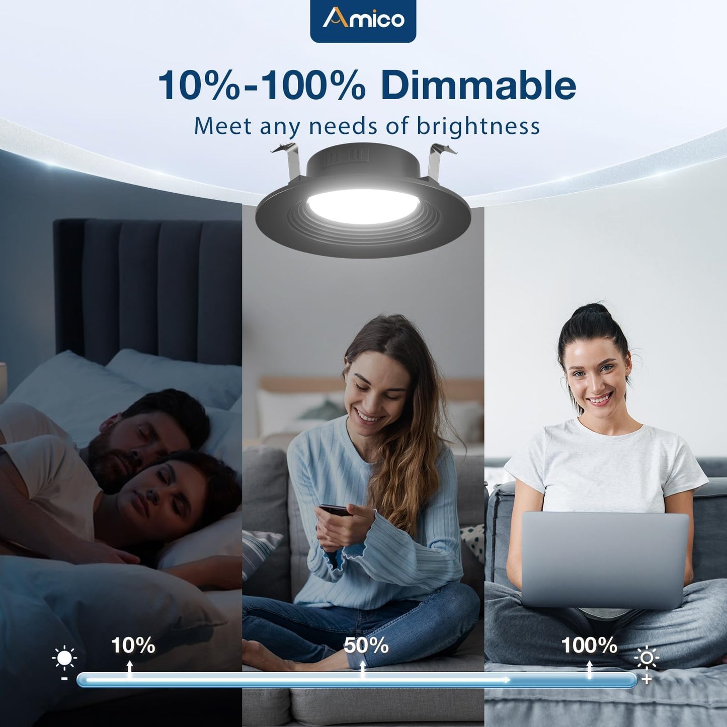 Amico 4 Inch 5CCT LED Recessed Lighting 12 Pack, Dimmable, Damp Rated, 8.5W=60W, Can Lights with Baffle Trim, Retrofit Installation, ETL&FCC, Black