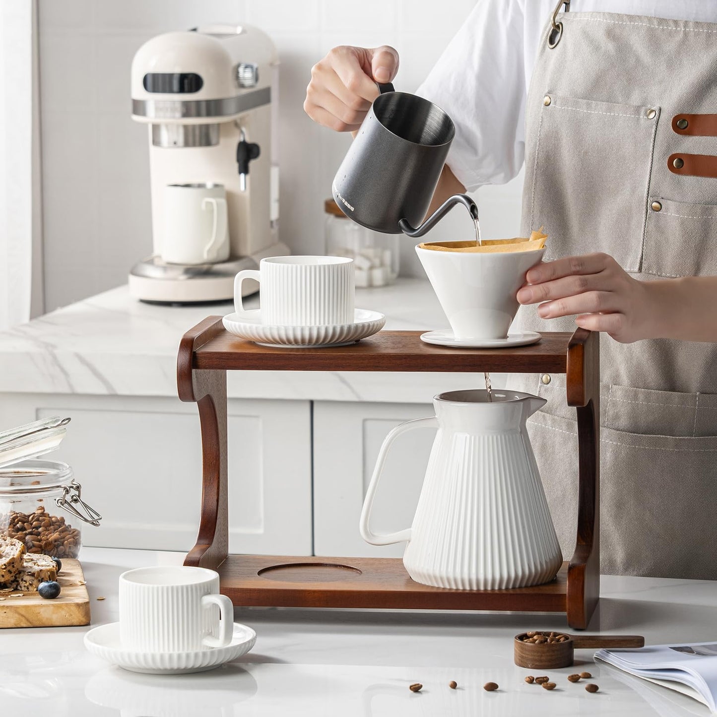 AYUCIA Pour Over Coffee Maker Set, 22OZ Ceramic Pour Over Coffee Dripper with Acacia Wood Stand and 5OZ Cups and Saucers Set of 2, Size 02