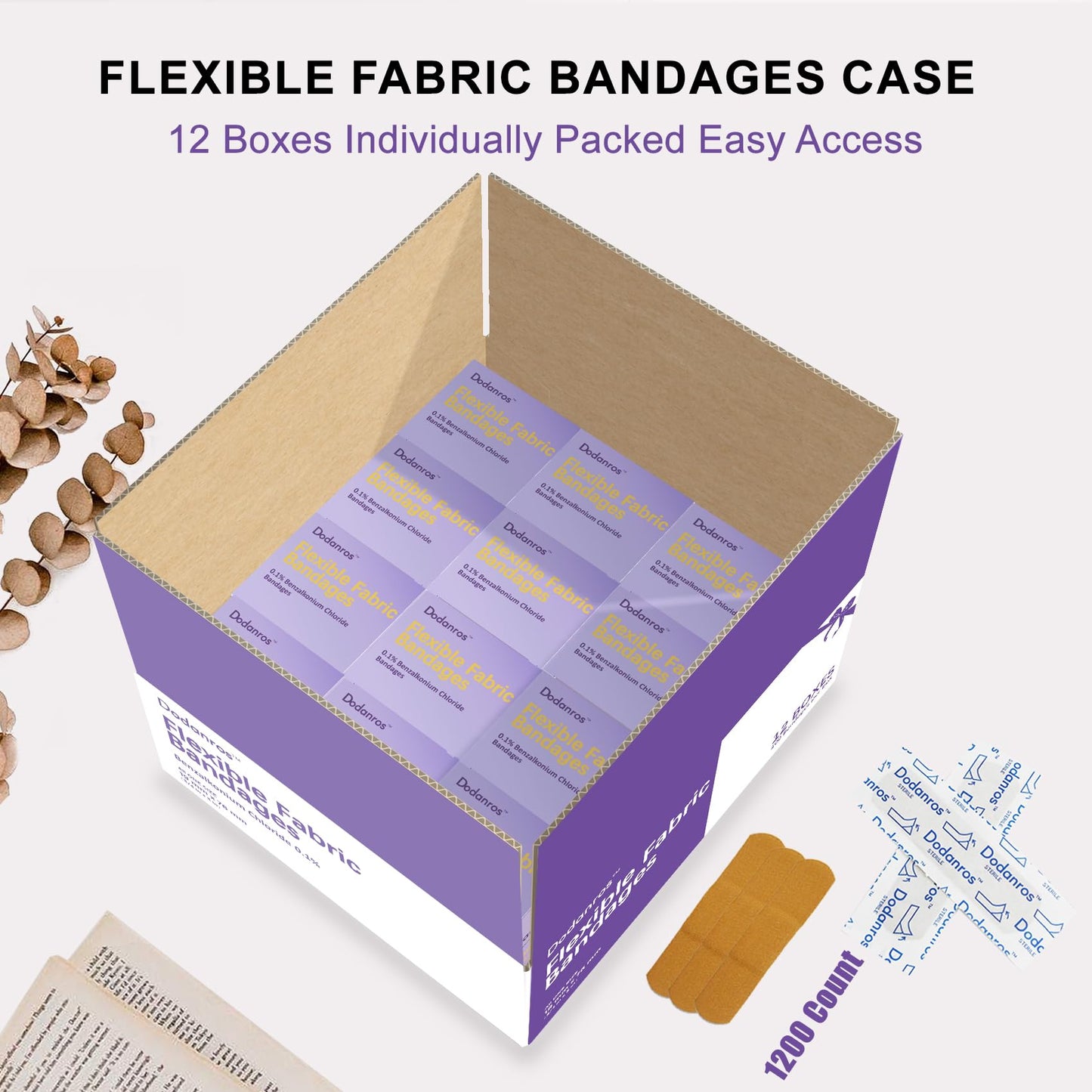 Dodanros Bulk Case of 1200 PCS Flexible Fabric Bandages, 3/4" x 3",Individual 12 Box Packaging,Include 0.1%Benzalkonium,Sterile, Breathable | Use for School, Hospital, Businesses, and First Aid Kits.