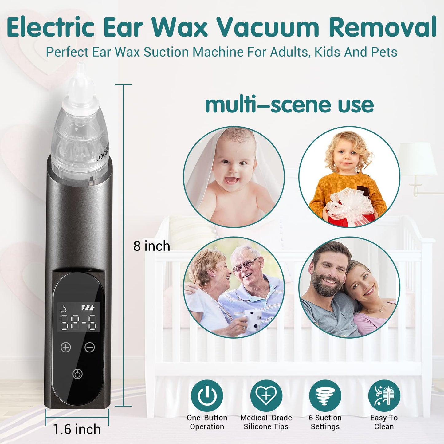 2025 Ear Wax Vacuum Removal Tool, 6 Gear Strong Suction Electric Ear Cleaner Ear Vacuum Wax Remover, USB Charge Earwax Removal Kit Reusable Soft Silicone Ear Cleaning Kit Water Remover Tool (Black)