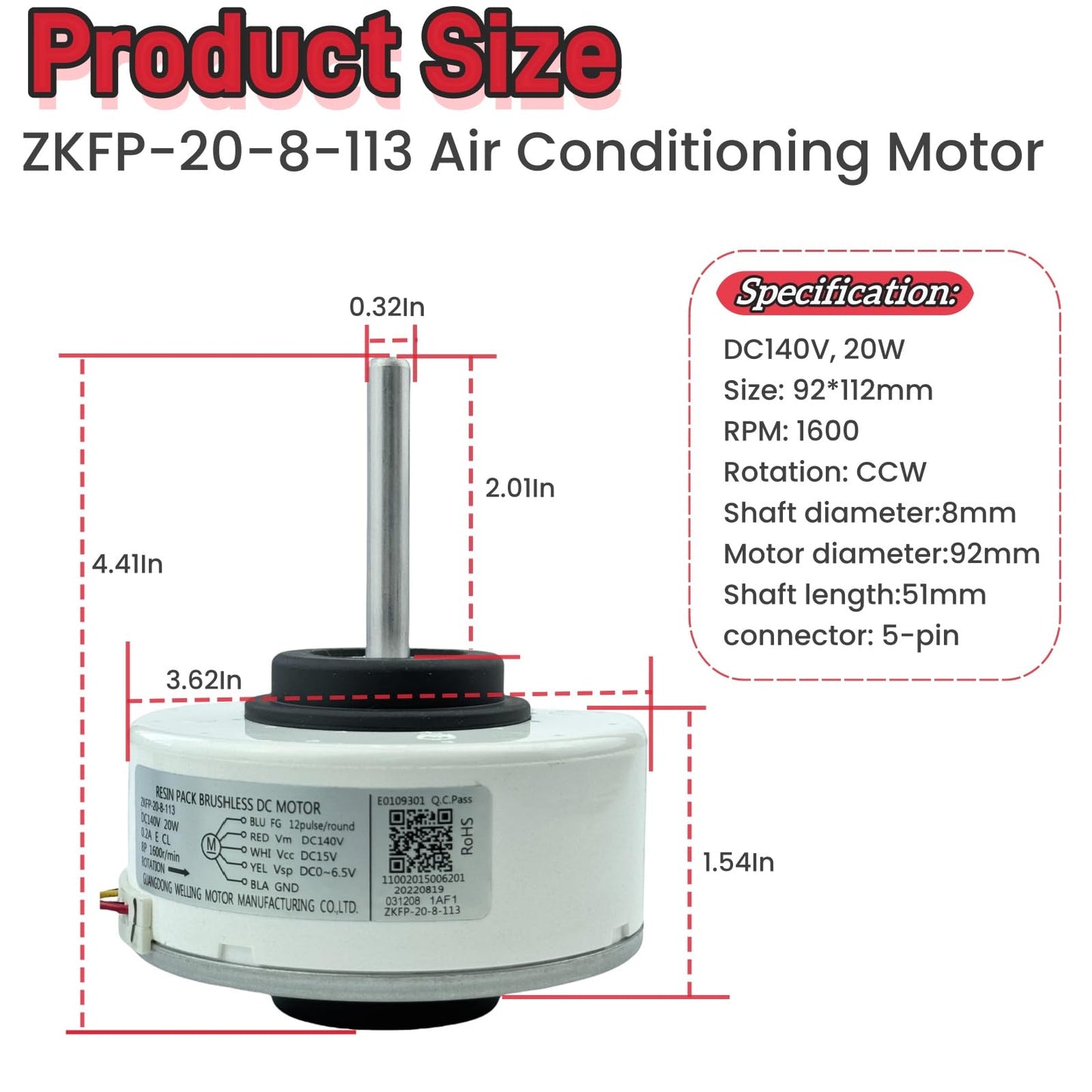 Air Conditioning Motor ZKFP-20-8-113, Brushless DC Motor fit for Midea Conditioner, DC140V 20W 1600r/min CCW Air Conditioning DC Indoor Motor Fan